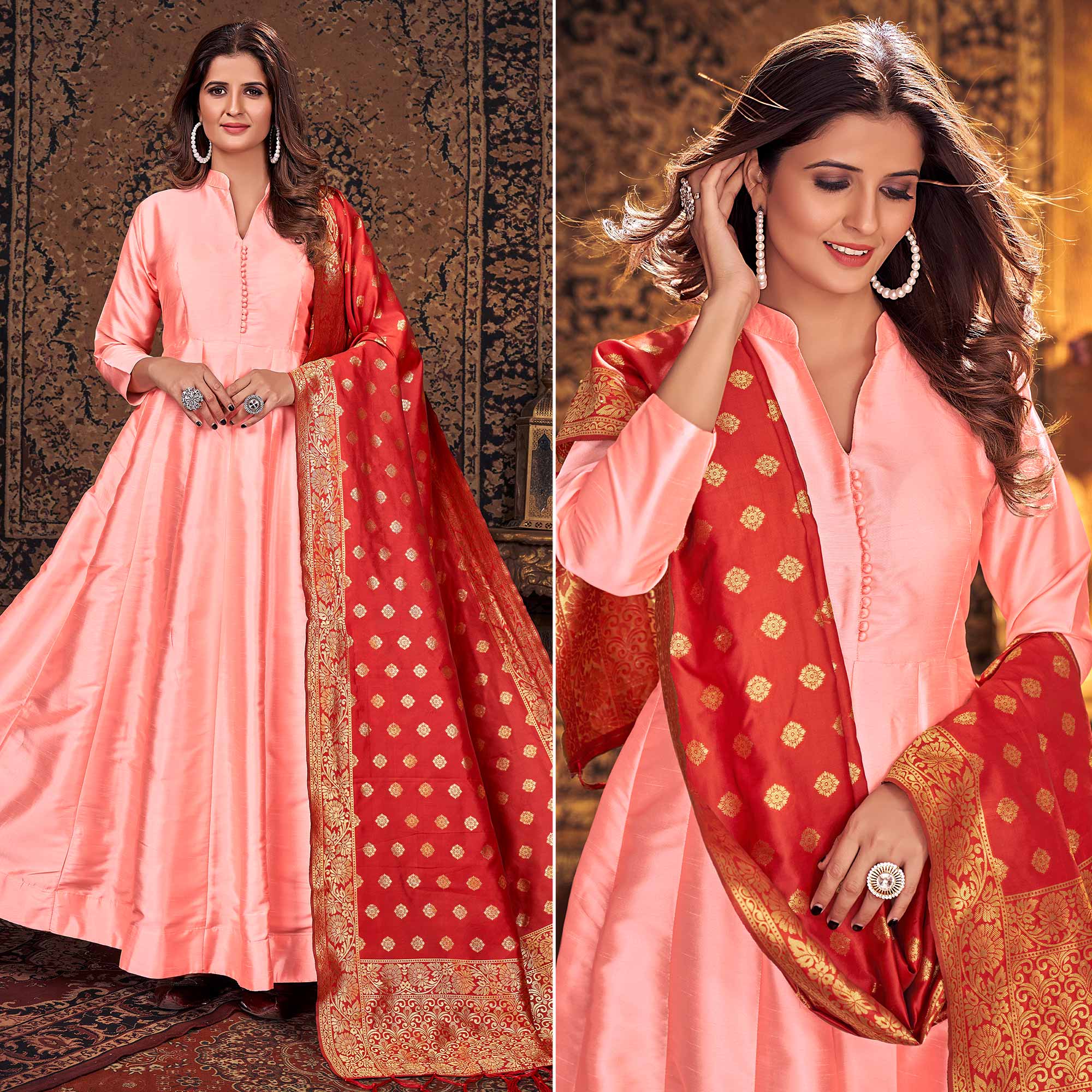 Peach Solid Art Silk Anarkali Suit