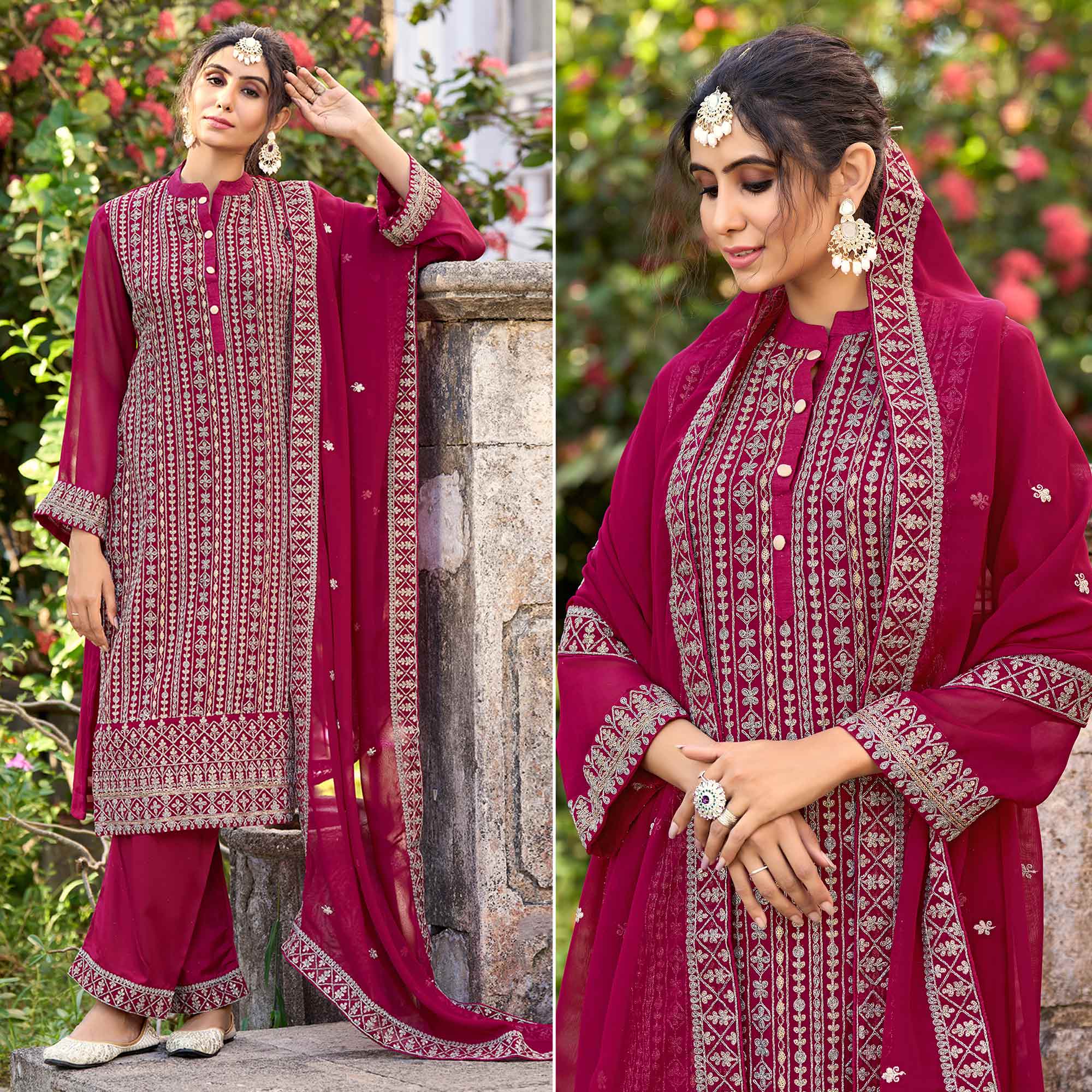 Pink Floral Embroidered Art Silk Suit