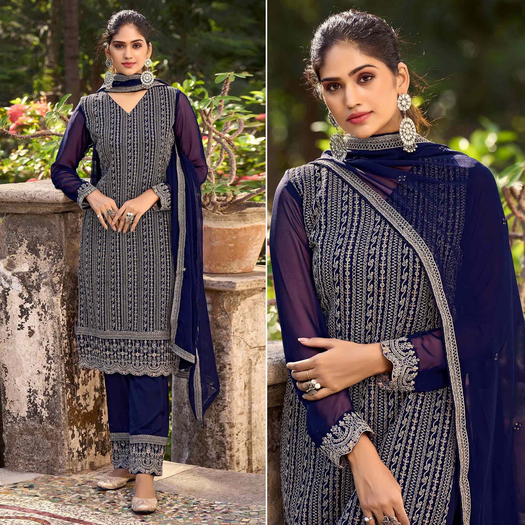 Navy Blue Floral Embroidered Art Silk Suit