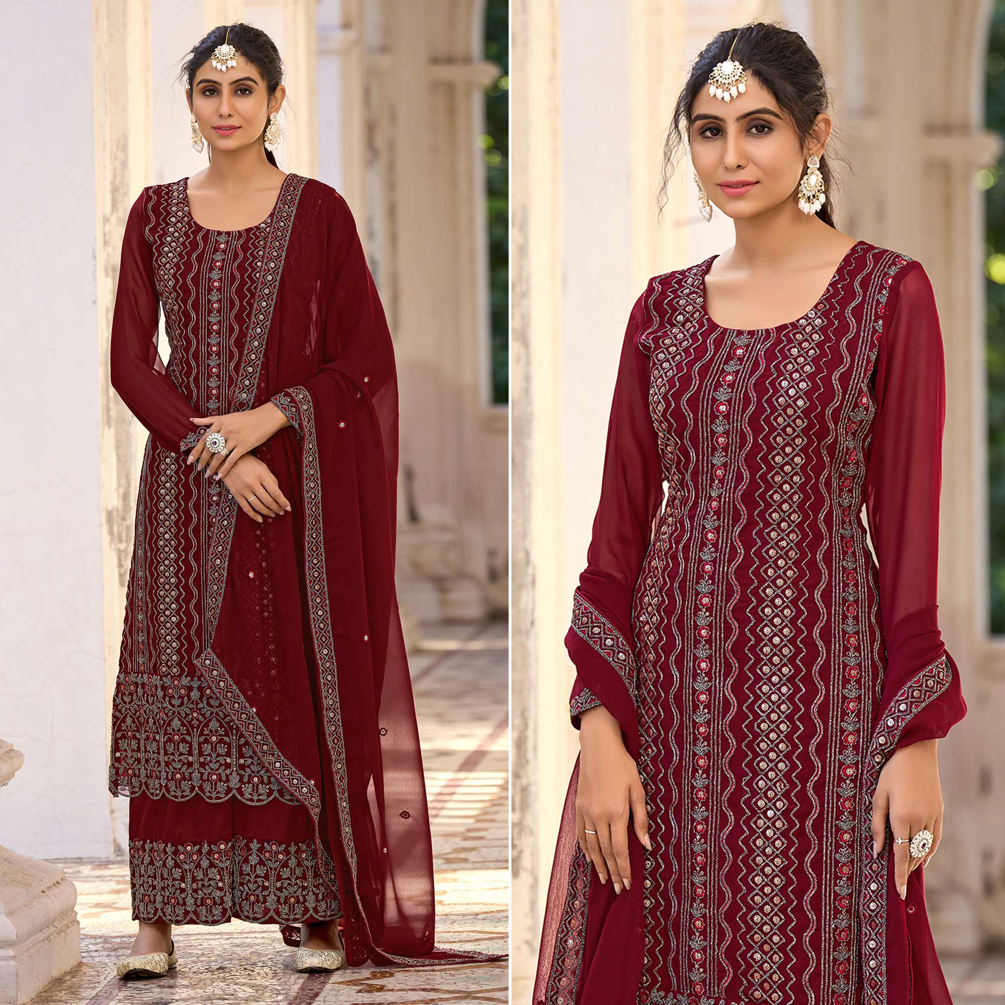 Maroon Floral Embroidered Art Silk Suit