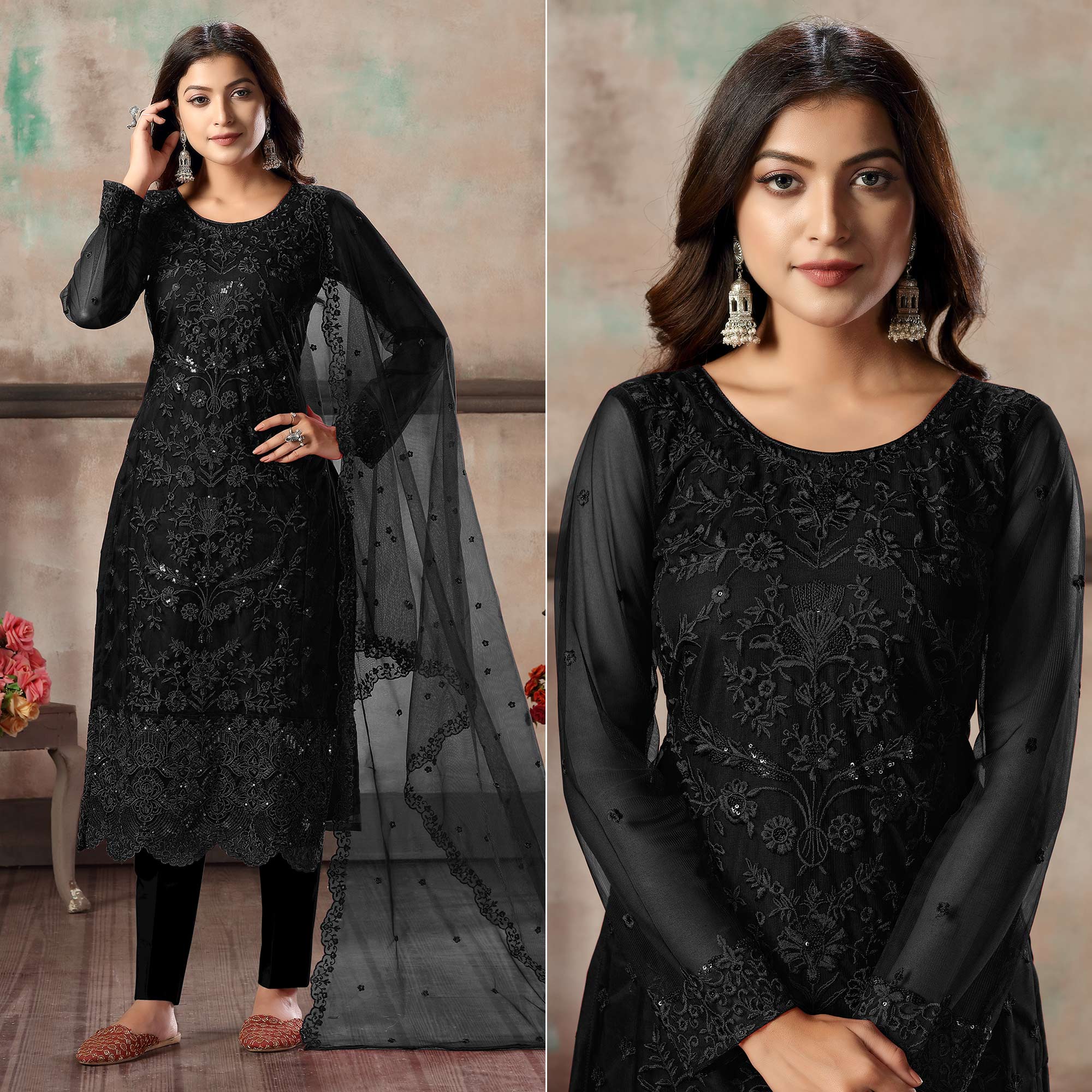 Black Floral Embroidered Net Suit