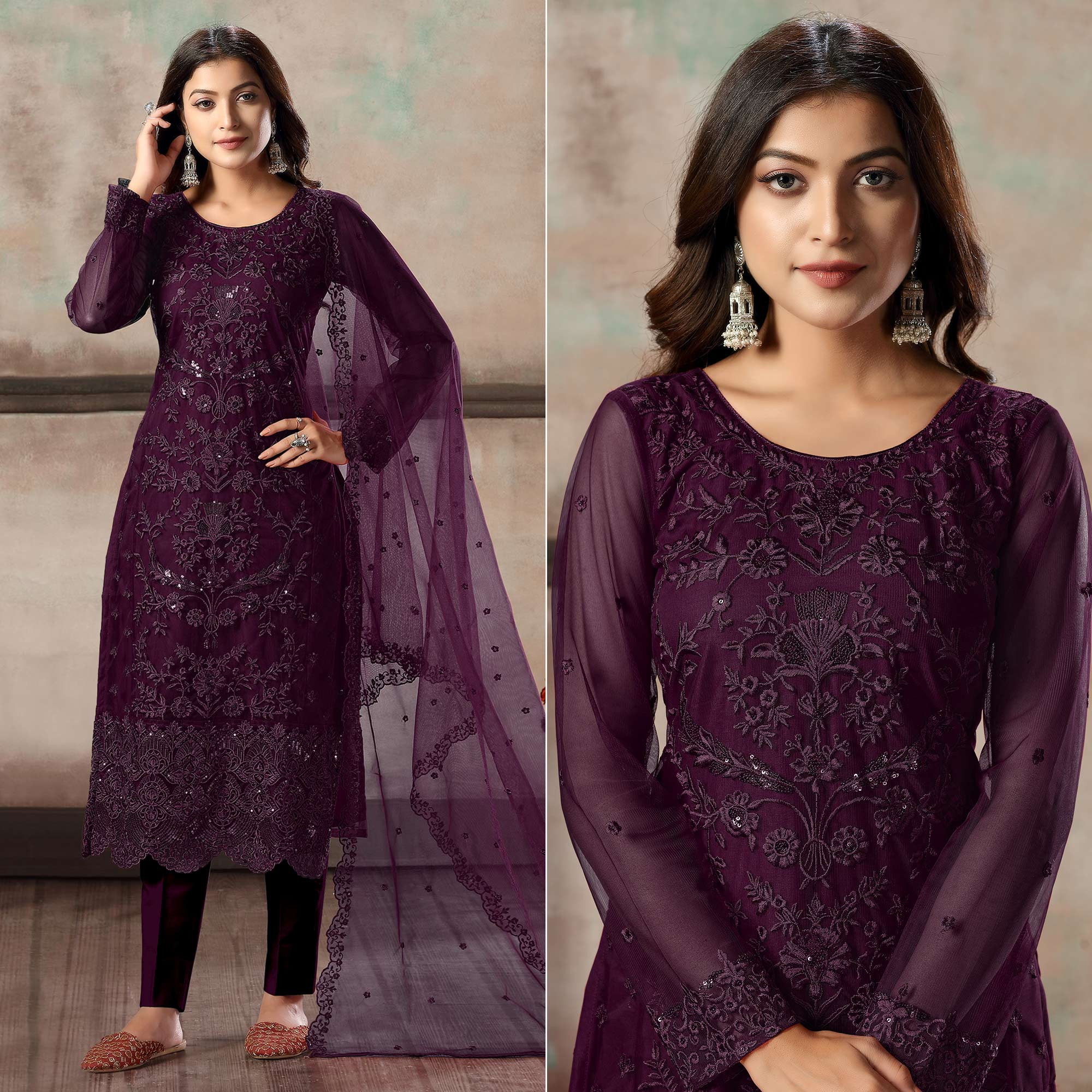 Wine Floral Embroidered Net Suit