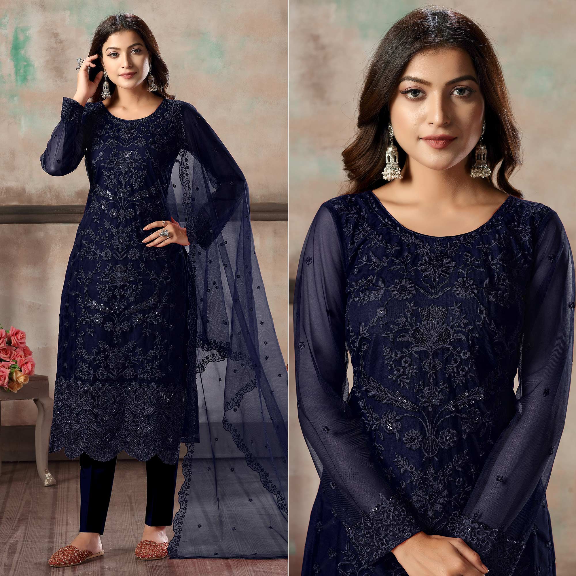 Blue Floral Embroidered Net Suit