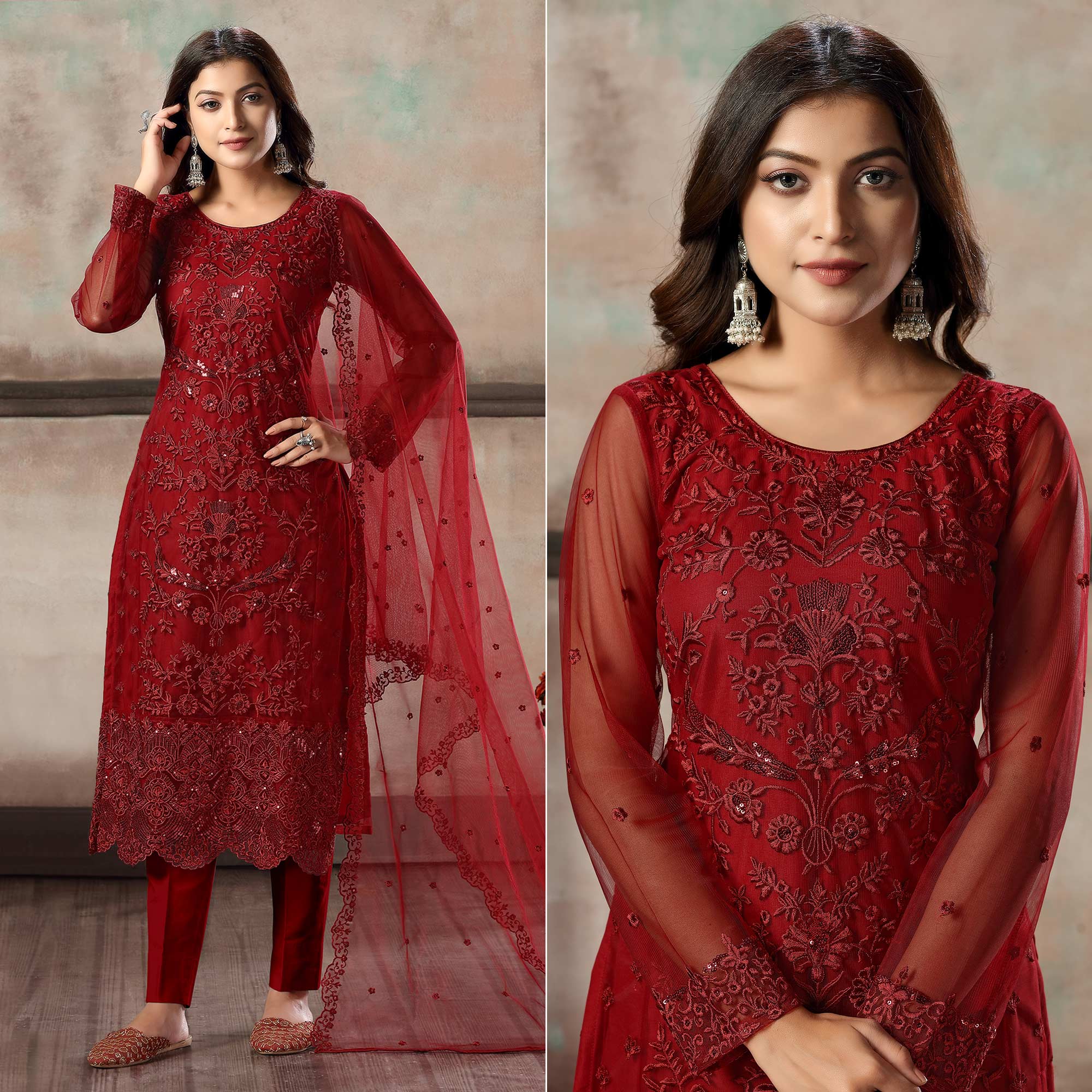 Red Floral Embroidered Net Suit