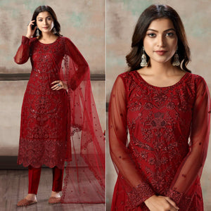 Red Floral Embroidered Net Suit