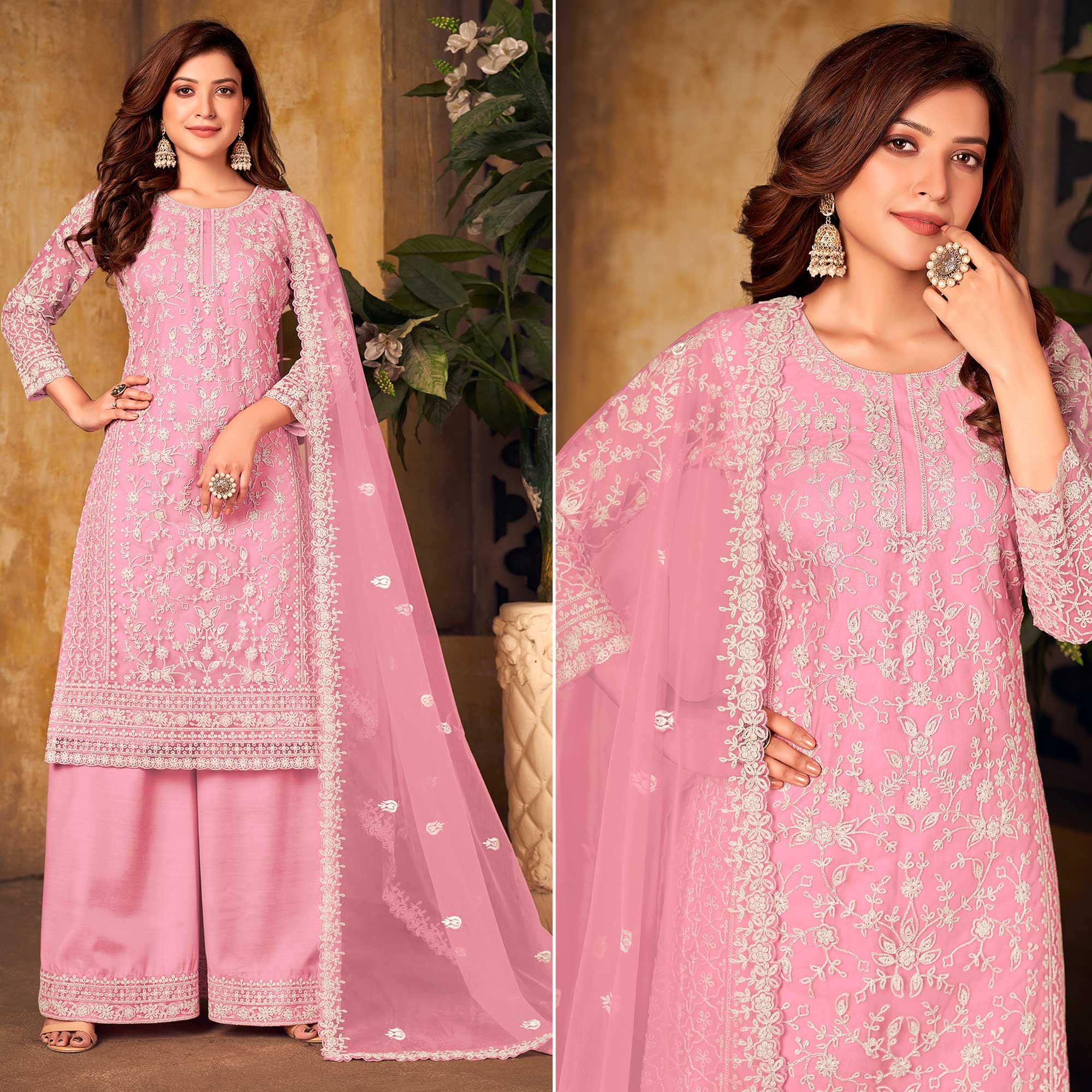 Pink Floral Embroidered Net Semi Stitched Suit