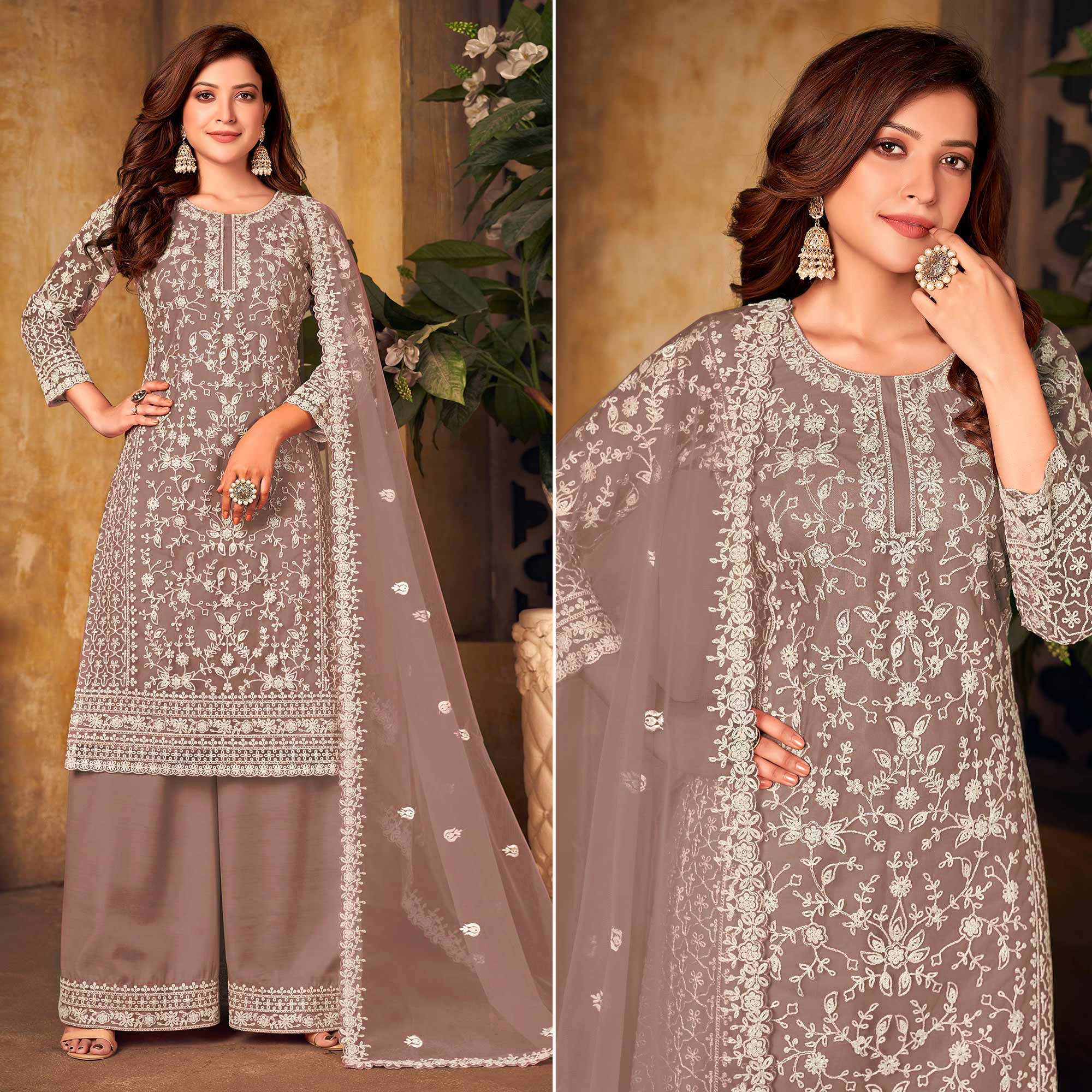 Dusty Brown Floral Embroidered Net Semi Stitched Suit