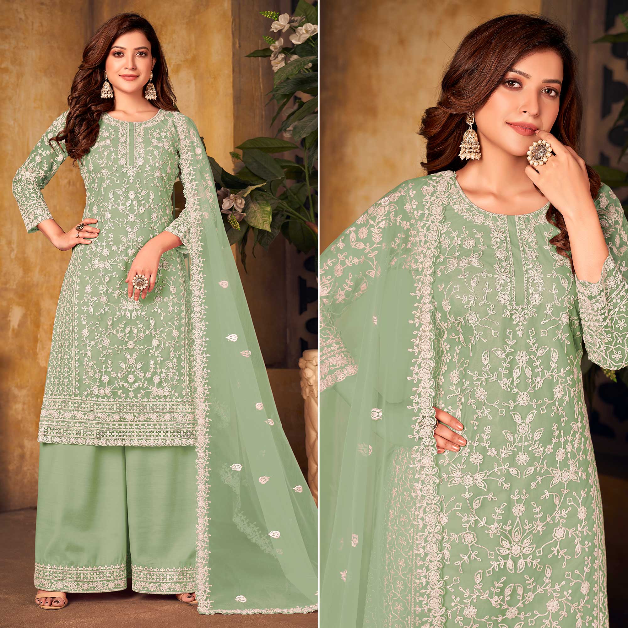 Green Floral Embroidered Net Semi Stitched Suit