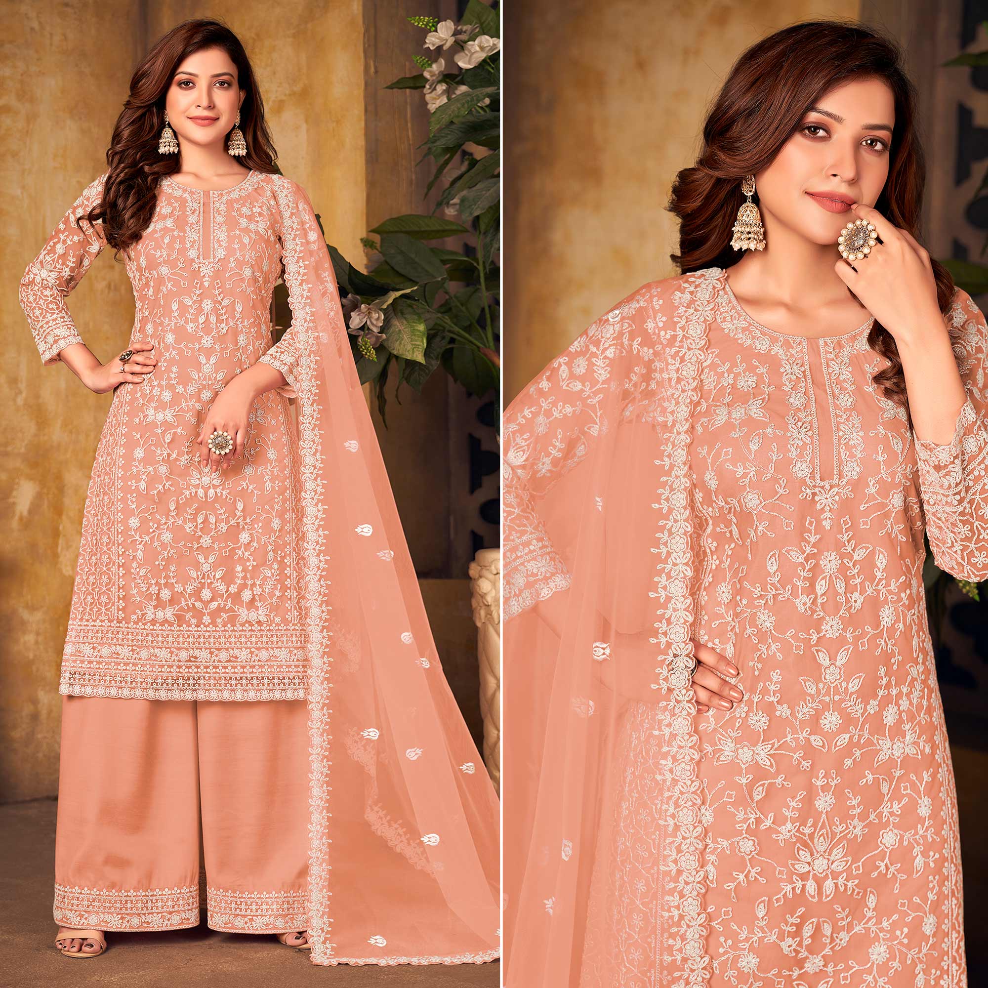 Peach Floral Embroidered Net Semi Stitched Suit