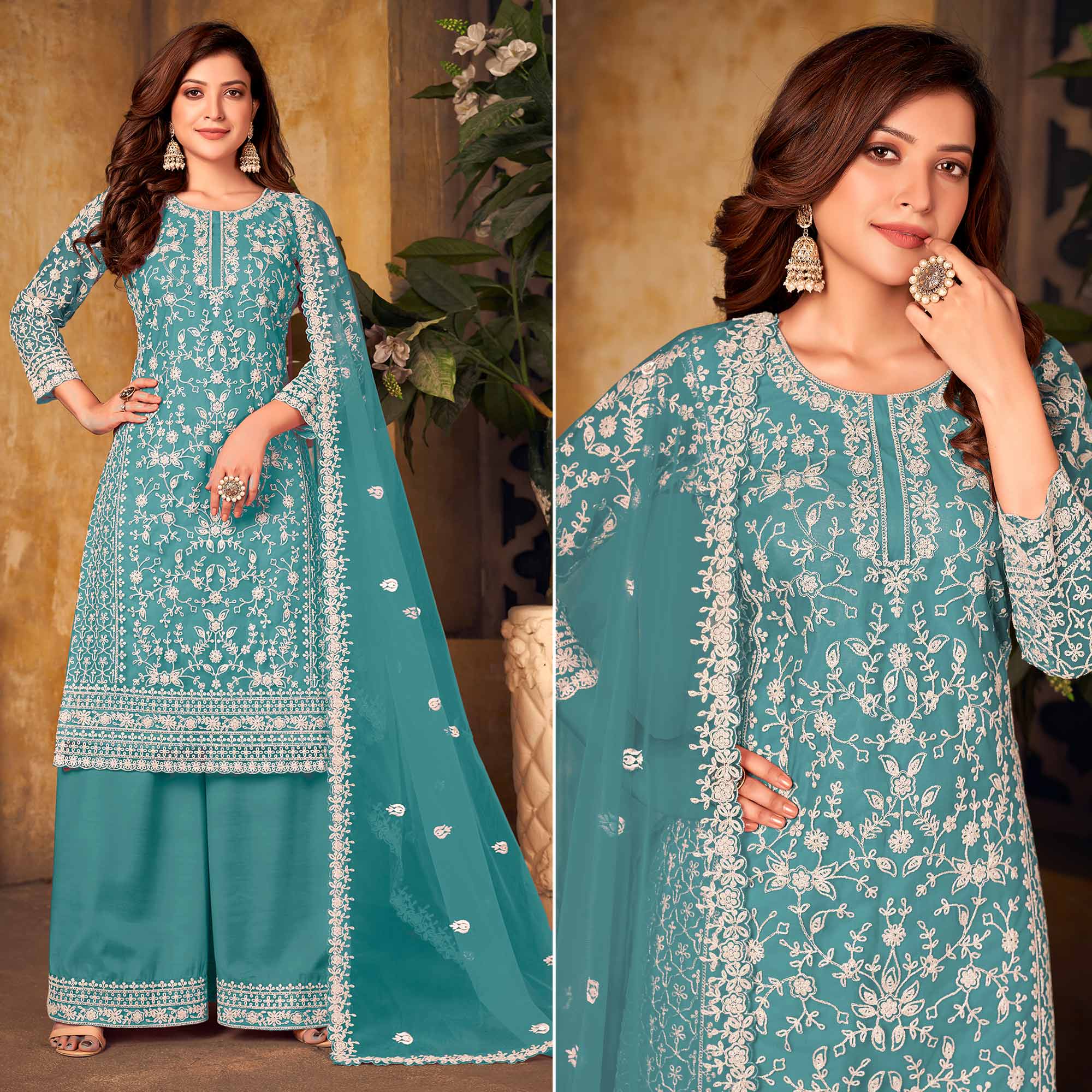 Blue Floral Embroidered Net Semi Stitched Suit