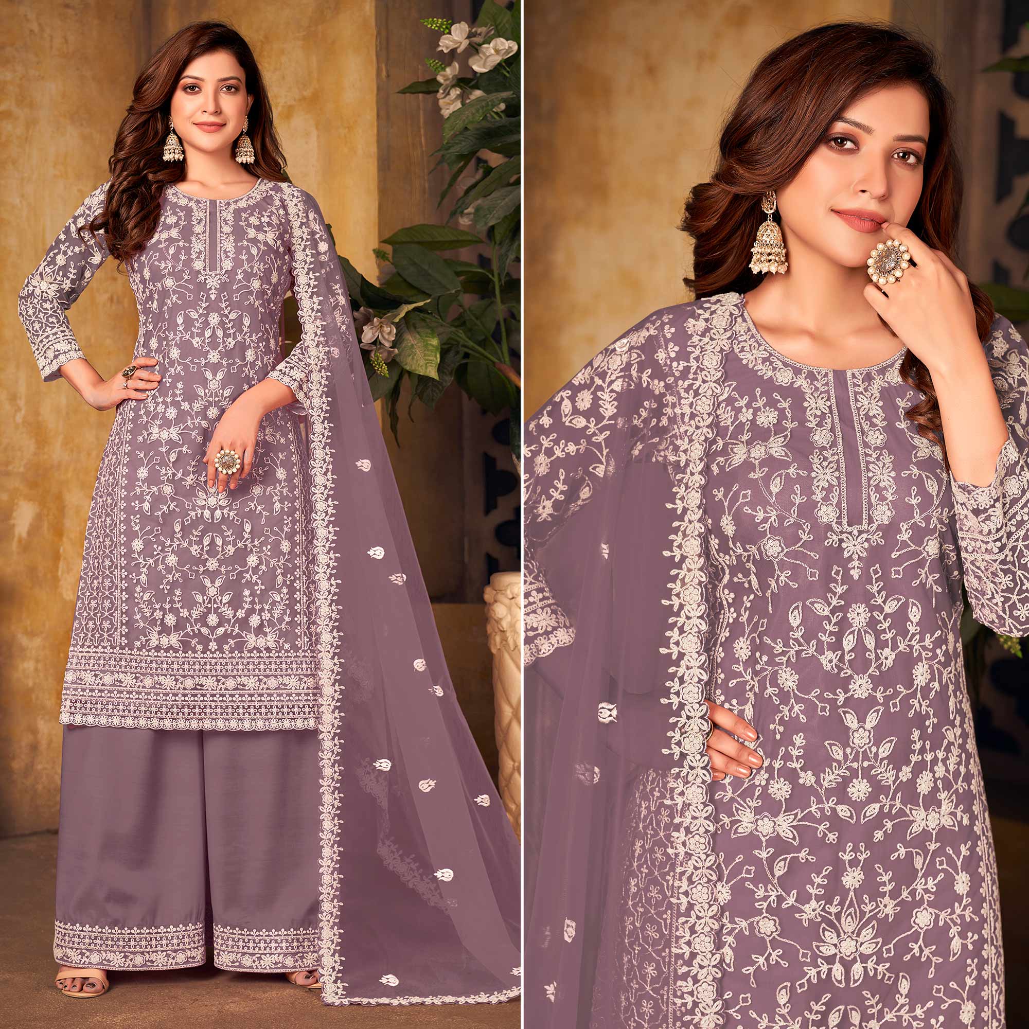 Purple Floral Embroidered Net Semi Stitched Suit