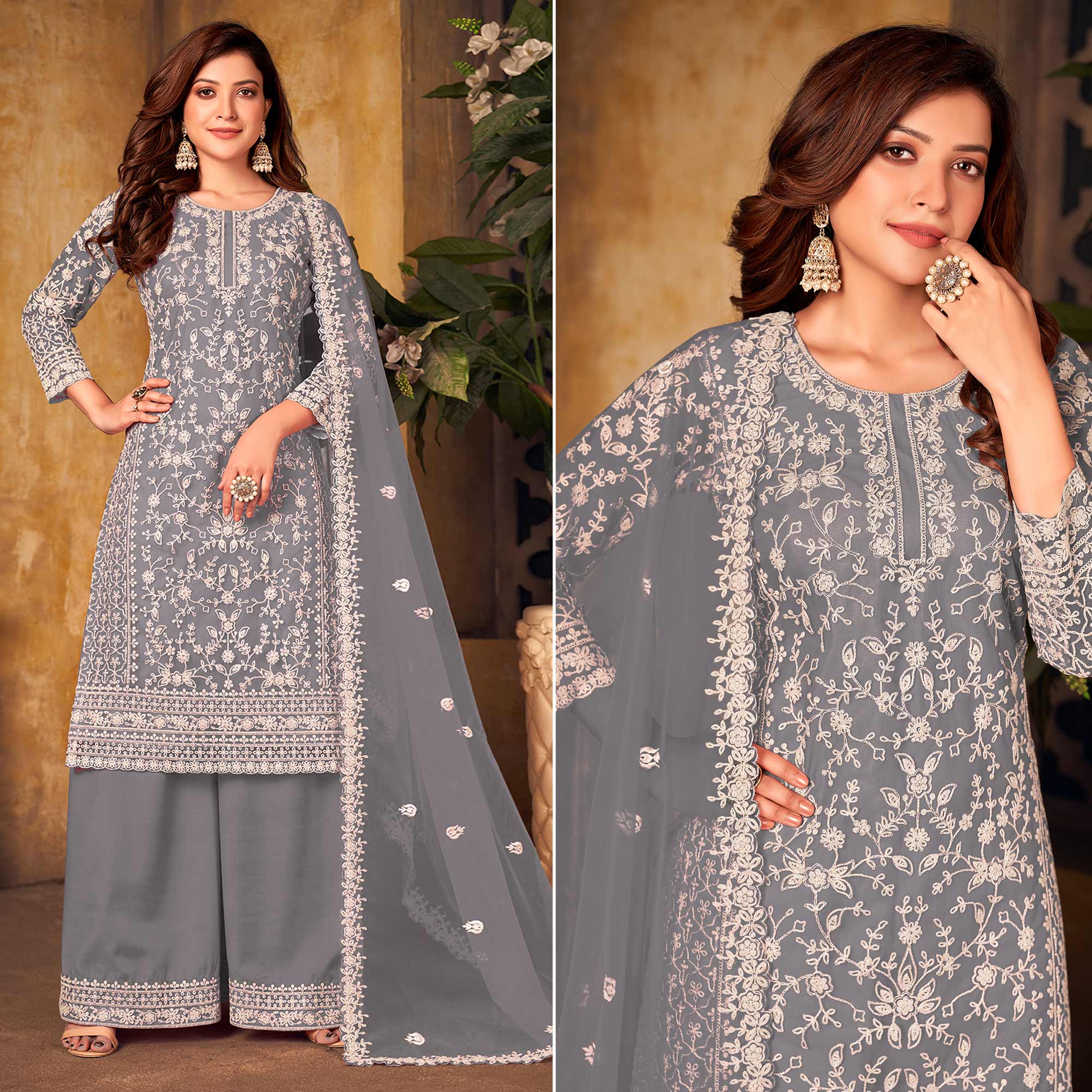 Grey Floral Embroidered Net Semi Stitched Suit