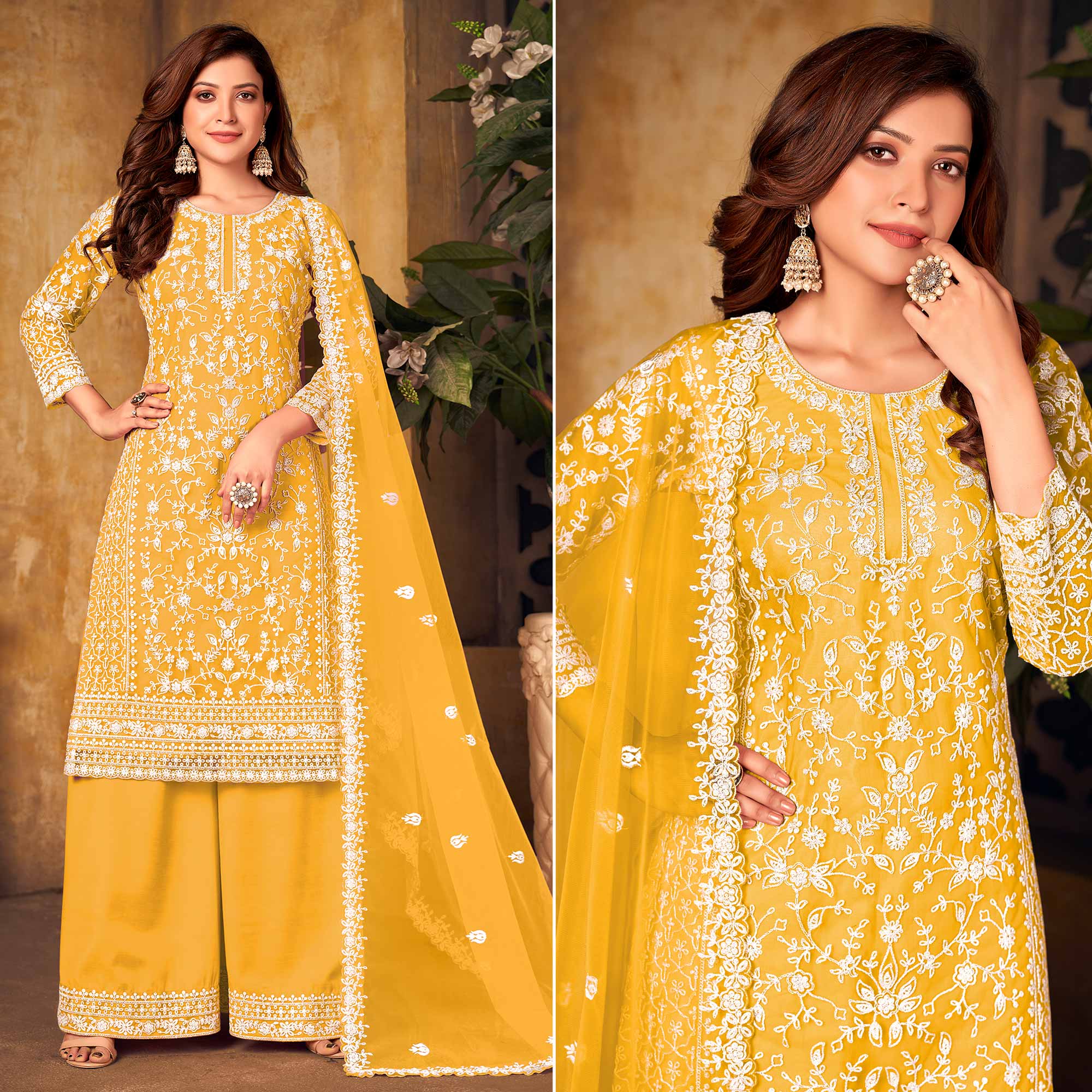 Yellow Floral Embroidered Net Semi Stitched Suit