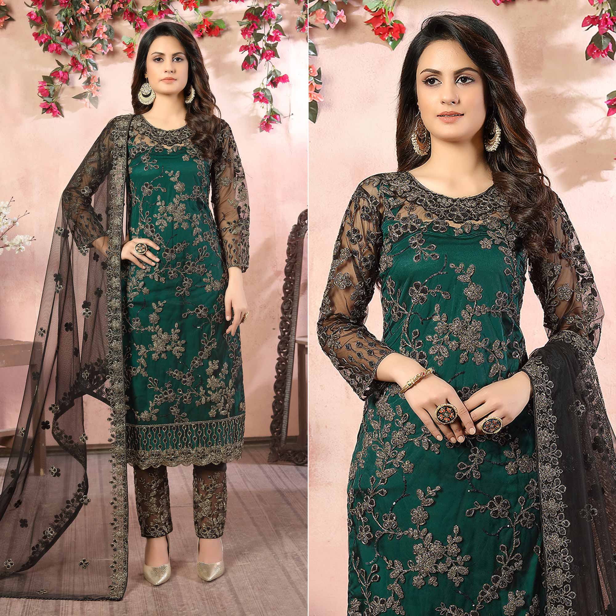 Green Floral Embroidered Net Semi Stitched Suit