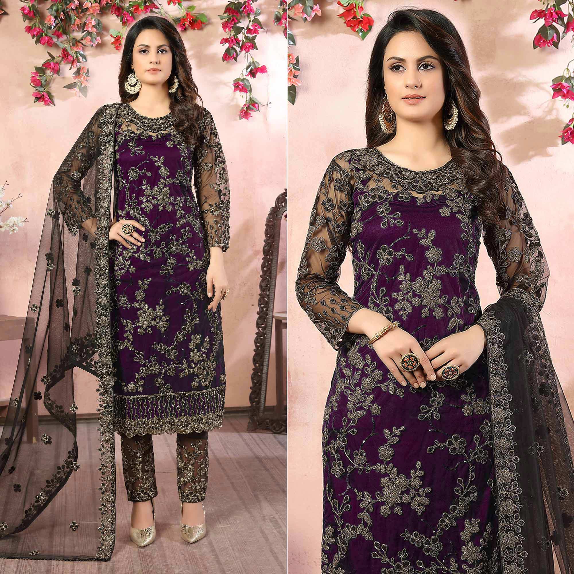 Purple Floral Embroidered Net Semi Stitched Suit