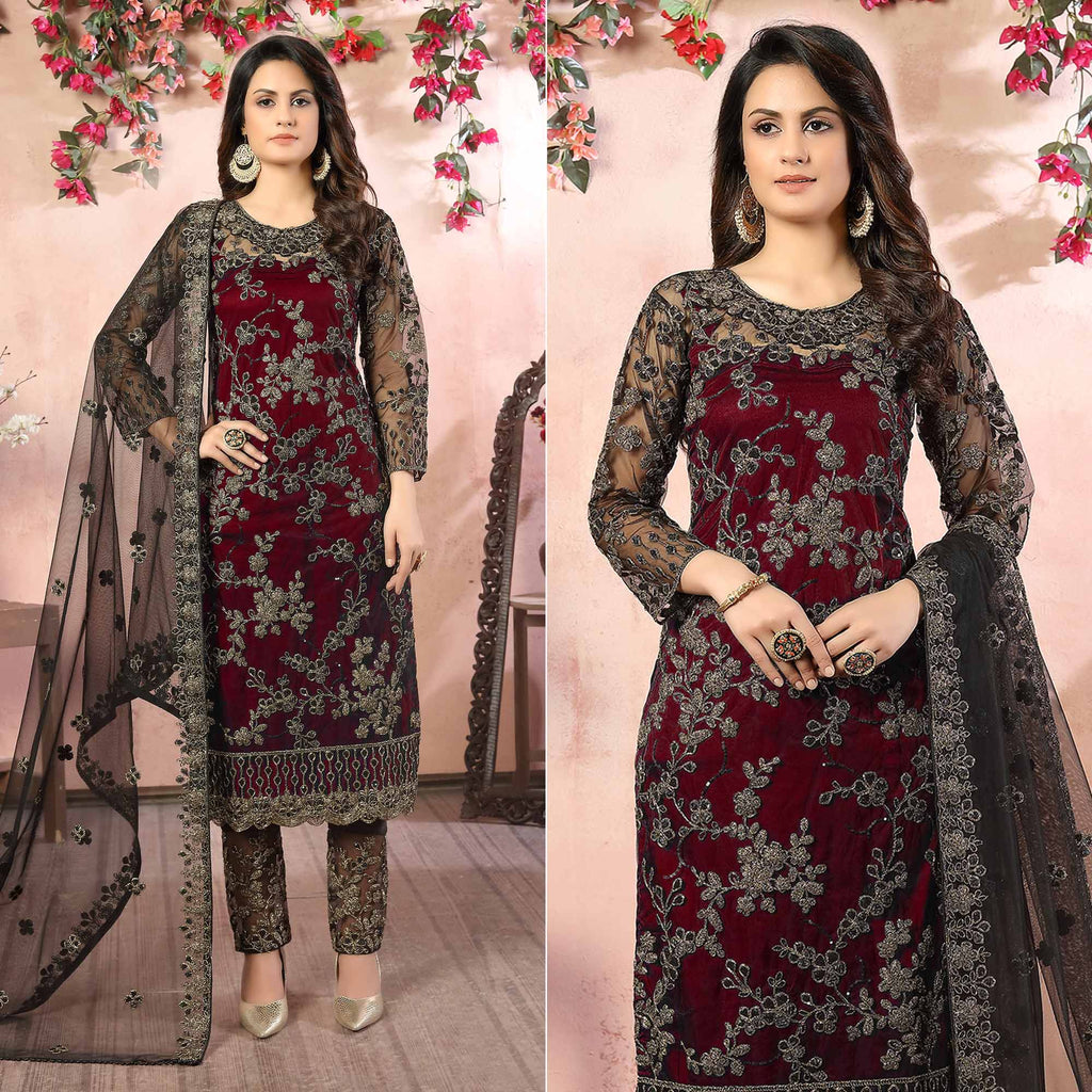 Burgundy Designer Semi-Stitched Pant Suit With Embroidery Work