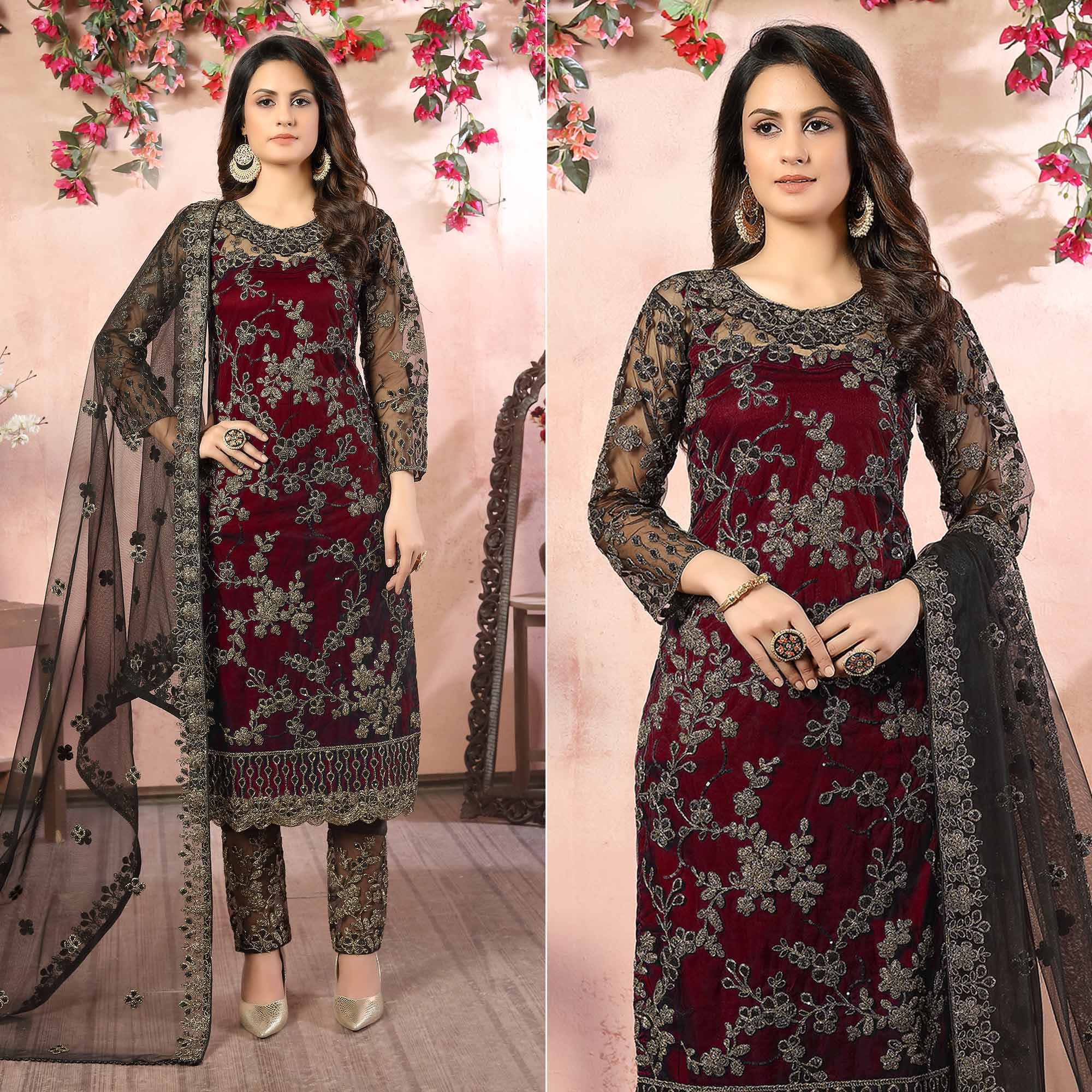 Maroon Floral Embroidered Net Semi Stitched Suit