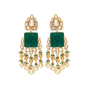 Gold And Green Carving Stone Kundan Earrings With Pearl Hanging
