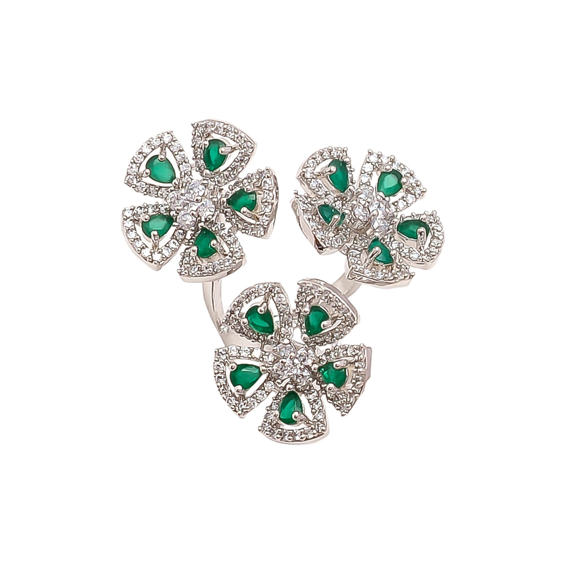 White Polished American Diamond Three Flower Adjustable Ring