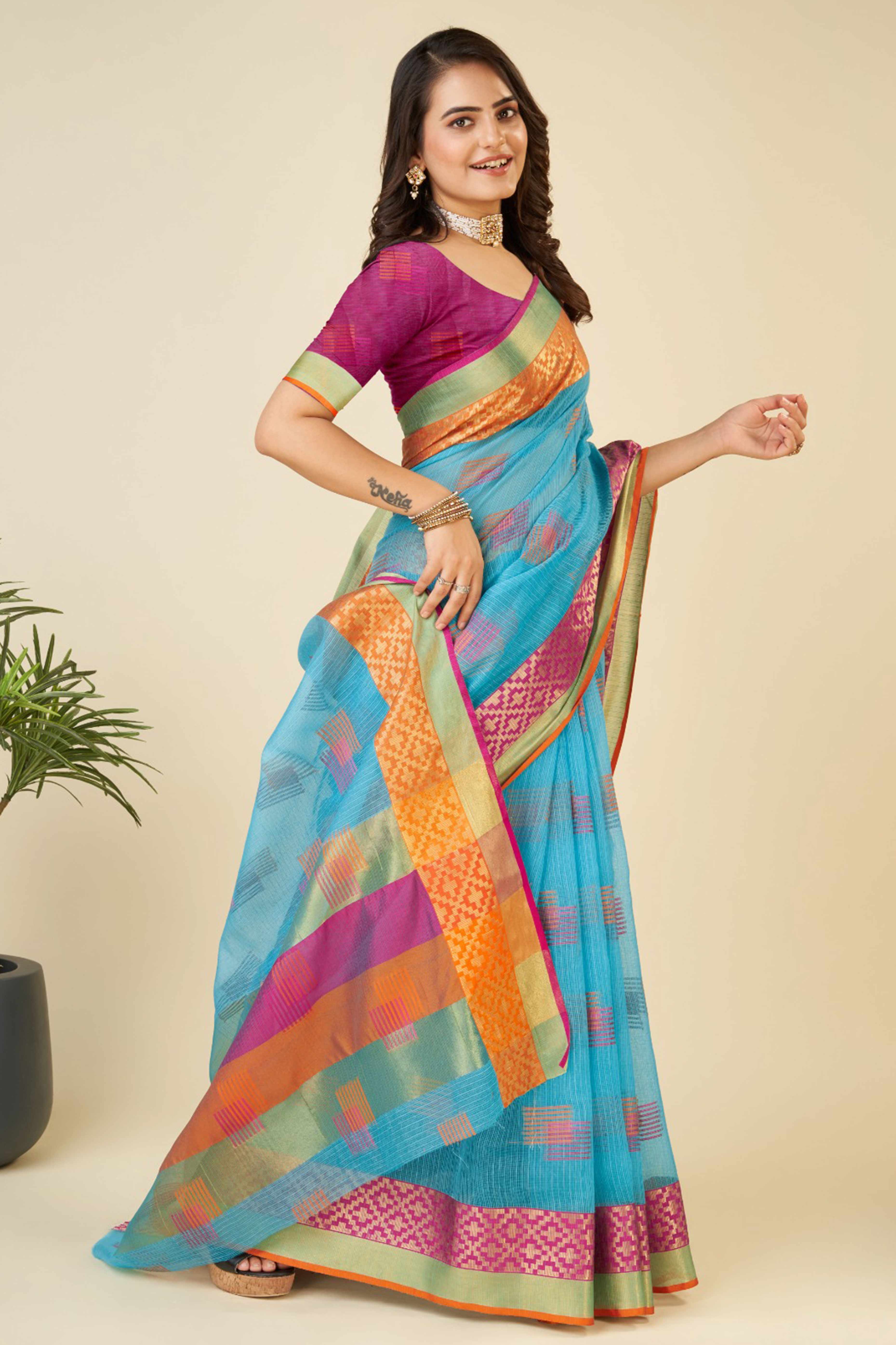 Sky Blue Zari Weaving Cotton Blend Saree