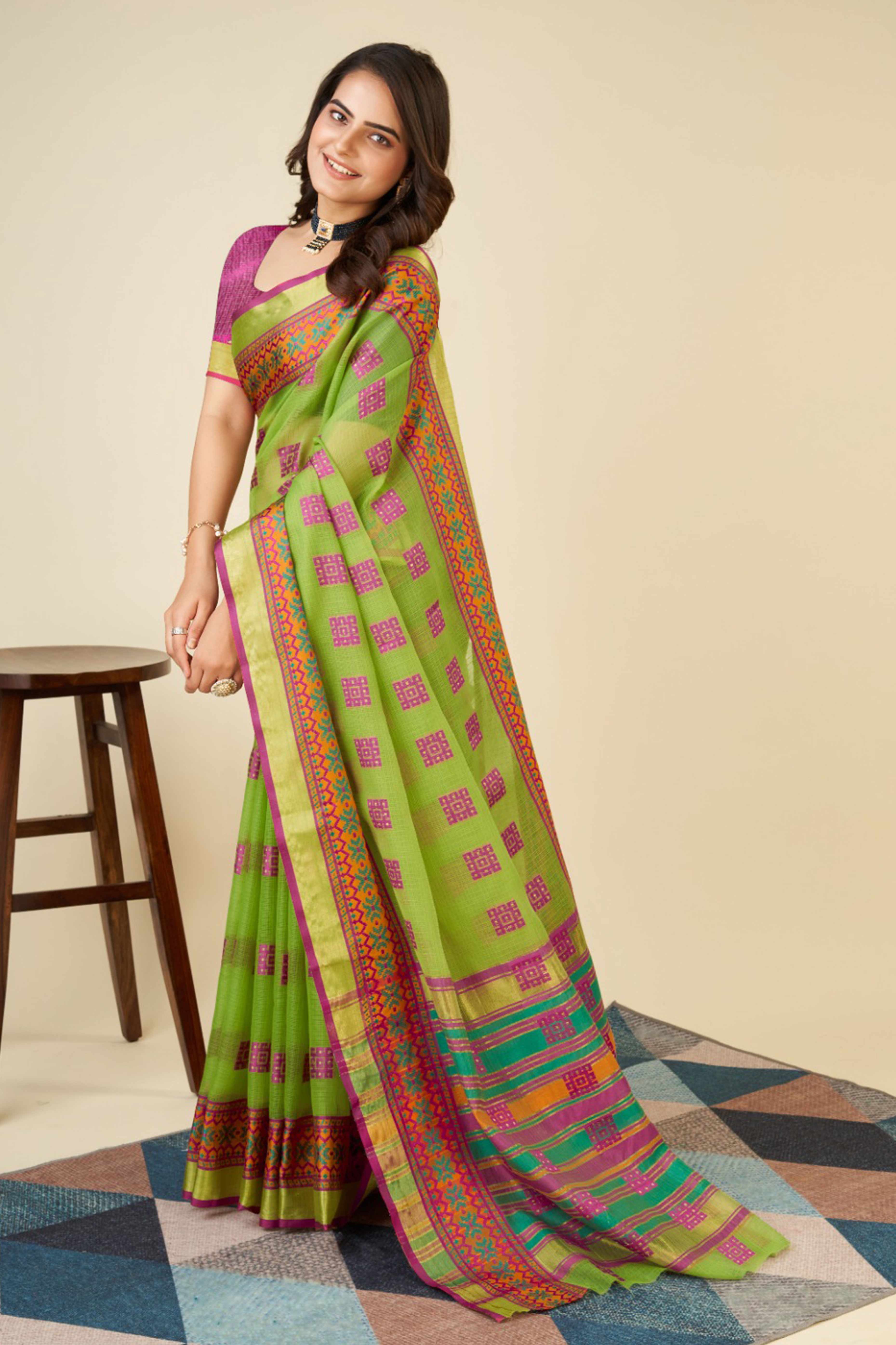 Green Zari Weaving Cotton Blend Saree