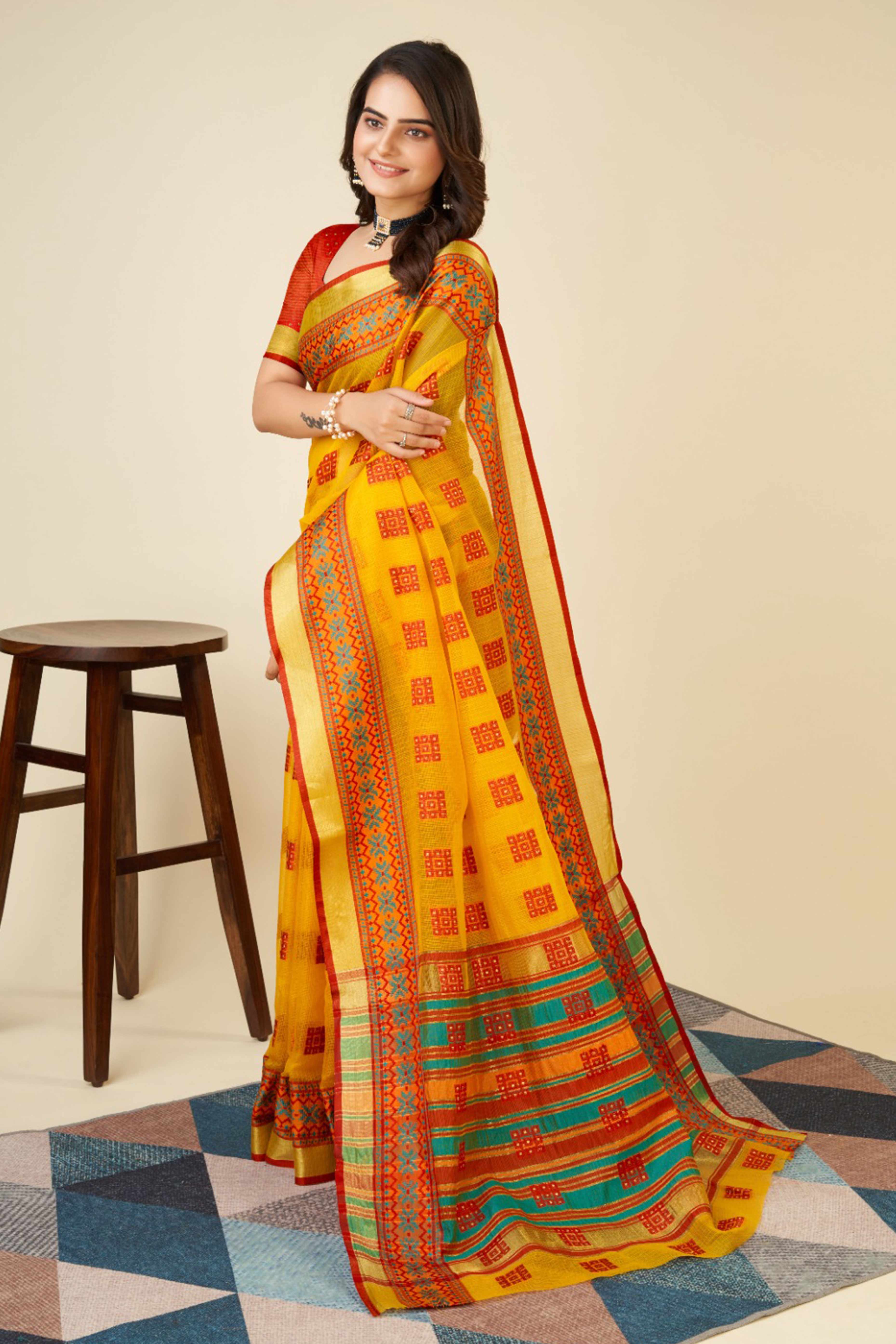 Yellow Zari Weaving Cotton Blend Saree