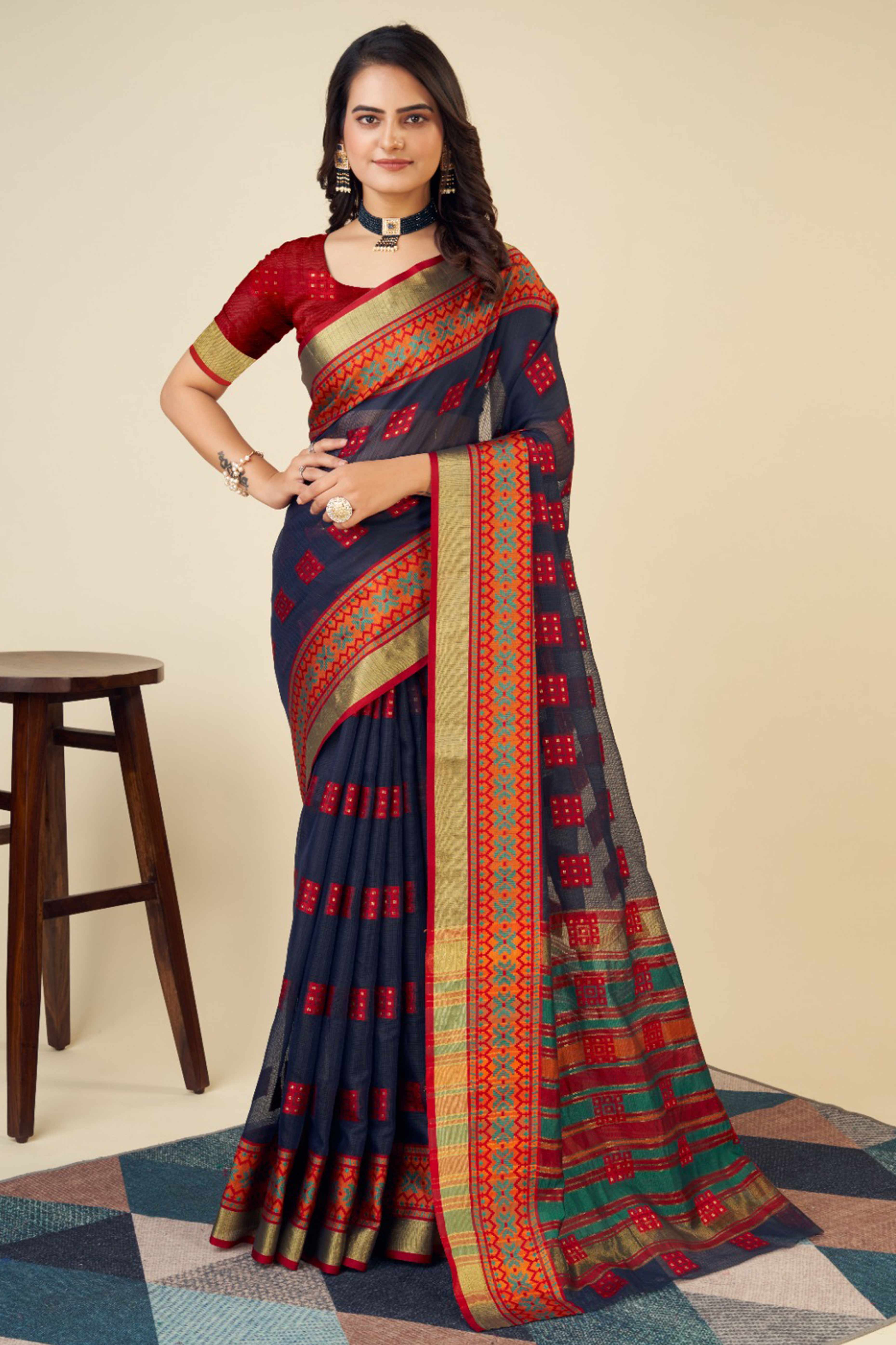 Blue Zari Weaving Cotton Blend Saree