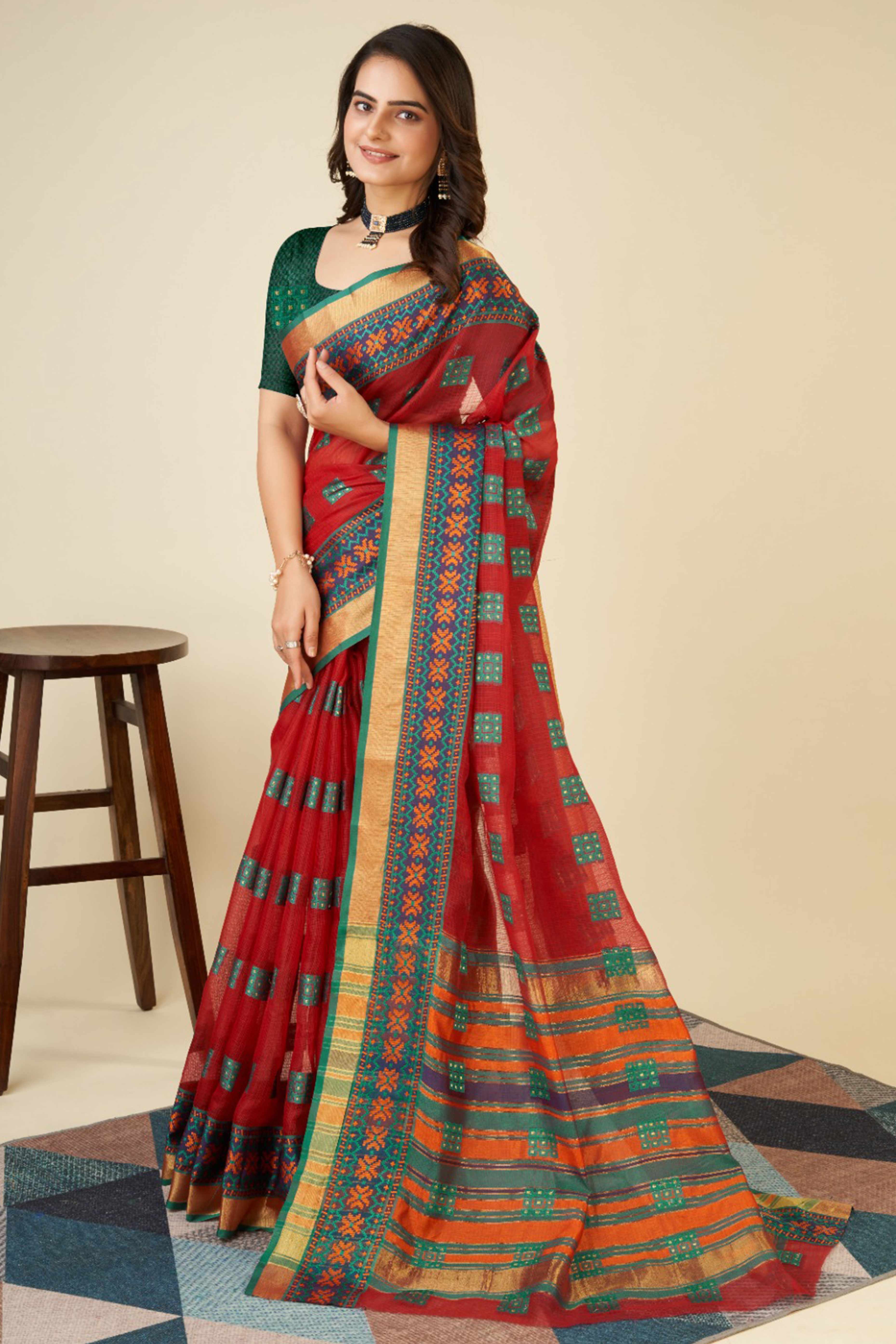 Red Zari Weaving Cotton Blend Saree