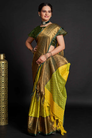 Lime Green Silk Blend Saree With Exquisite Zari Weaving & Graceful Tassels
