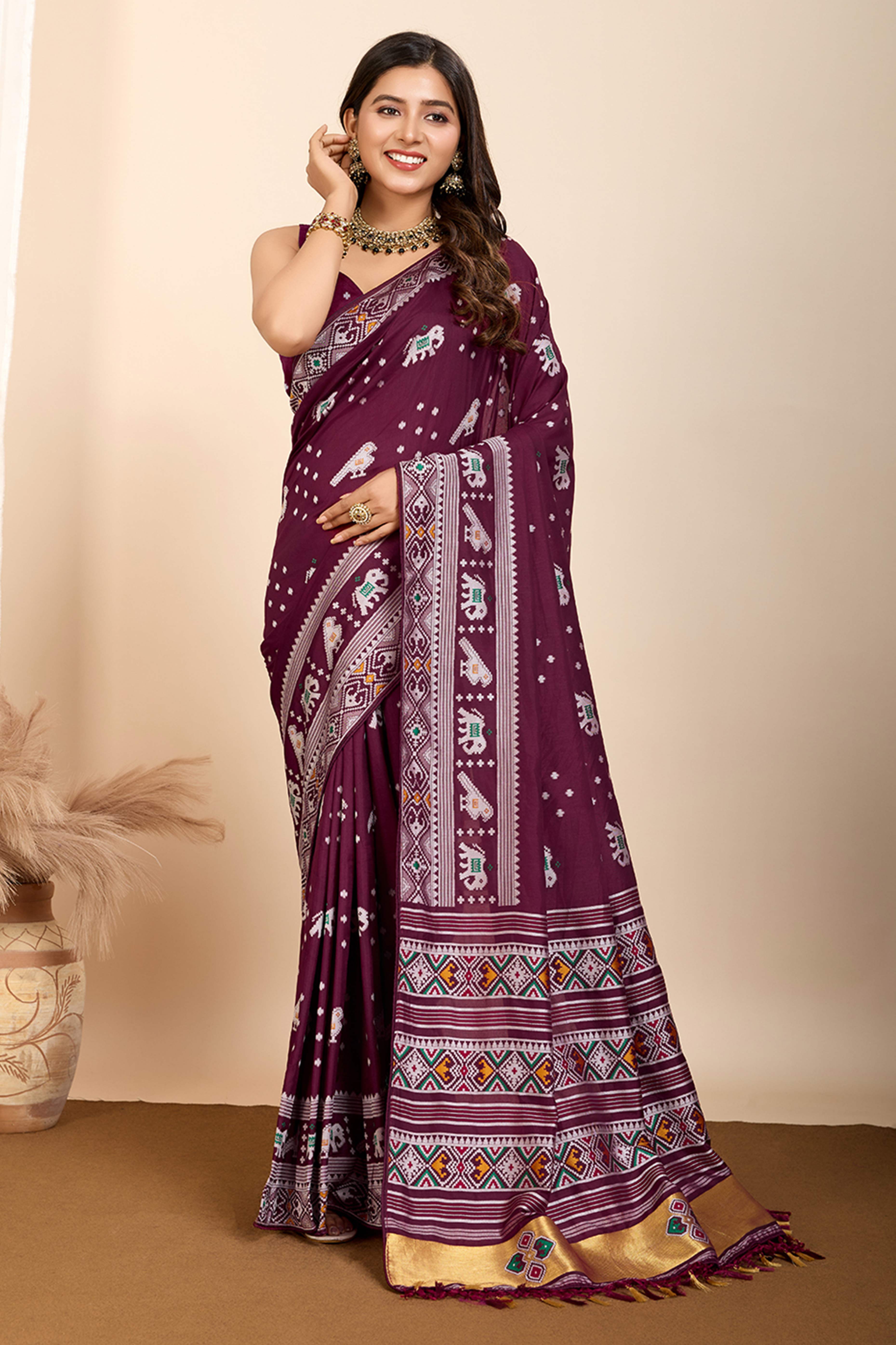 Wine Minakari Weaving Pure Silk Saree