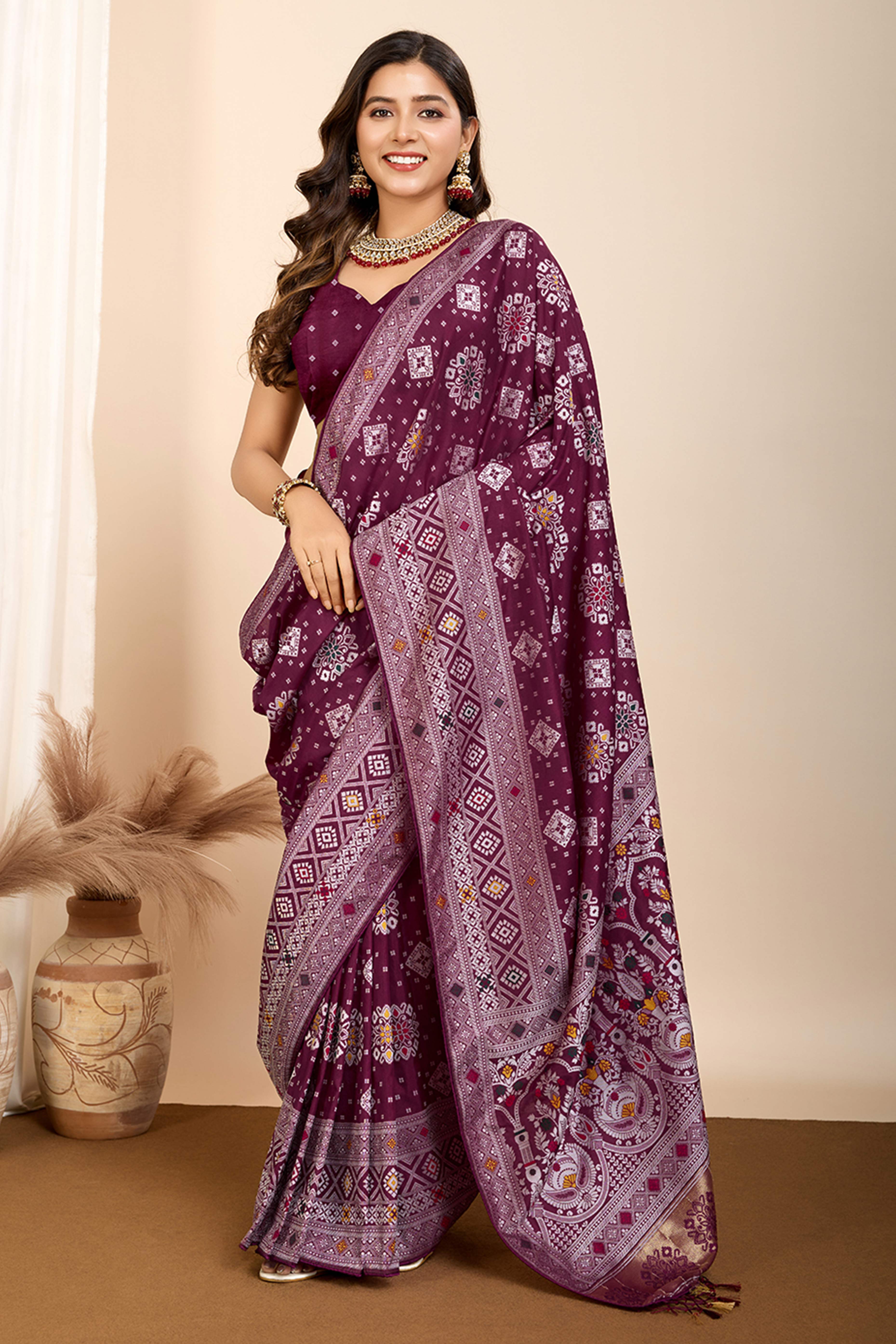Wine Minakari Weaving Pure Silk Saree