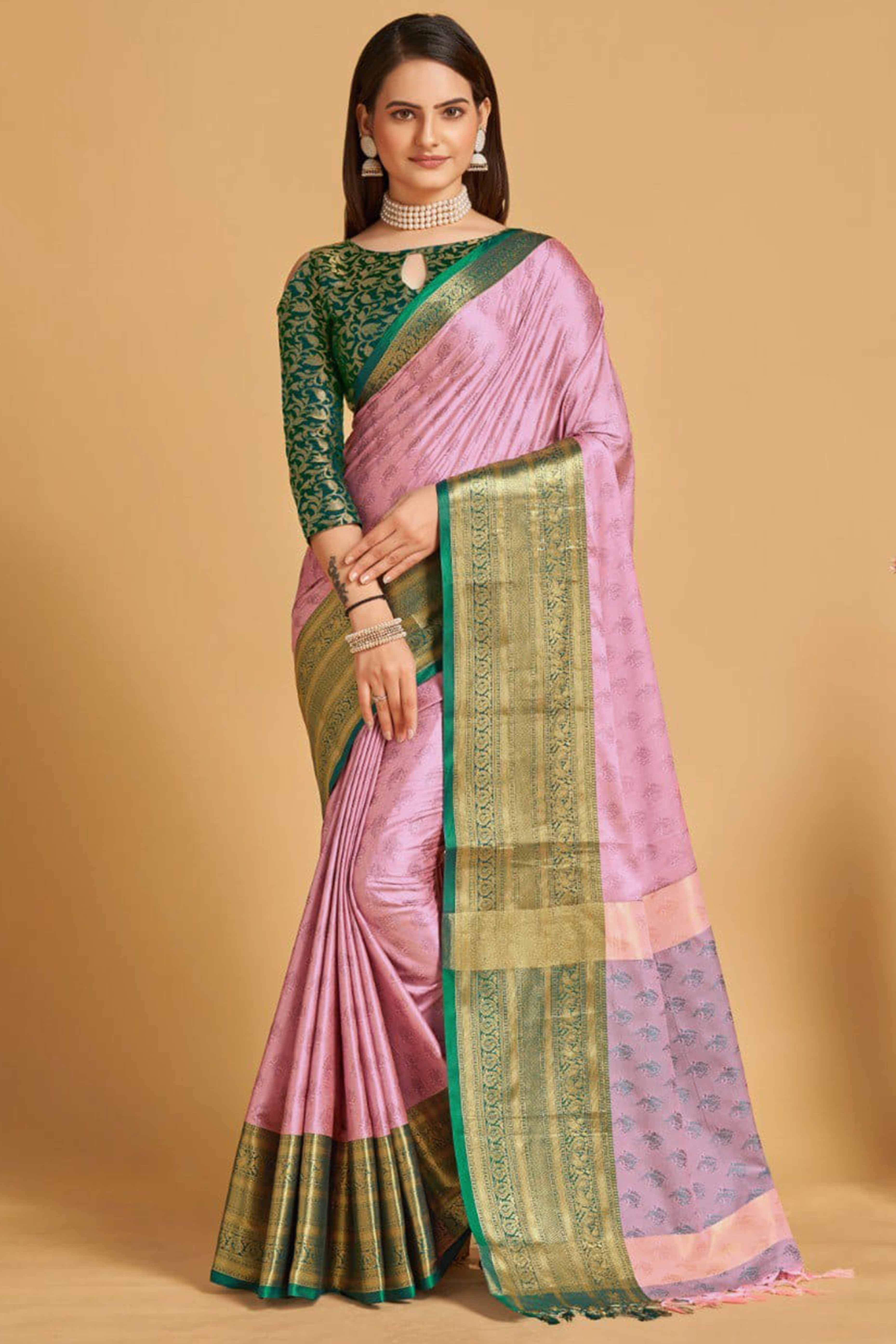 Pink Silk Blend Saree With Delicate Floral Zari Weaving & Graceful Tassels