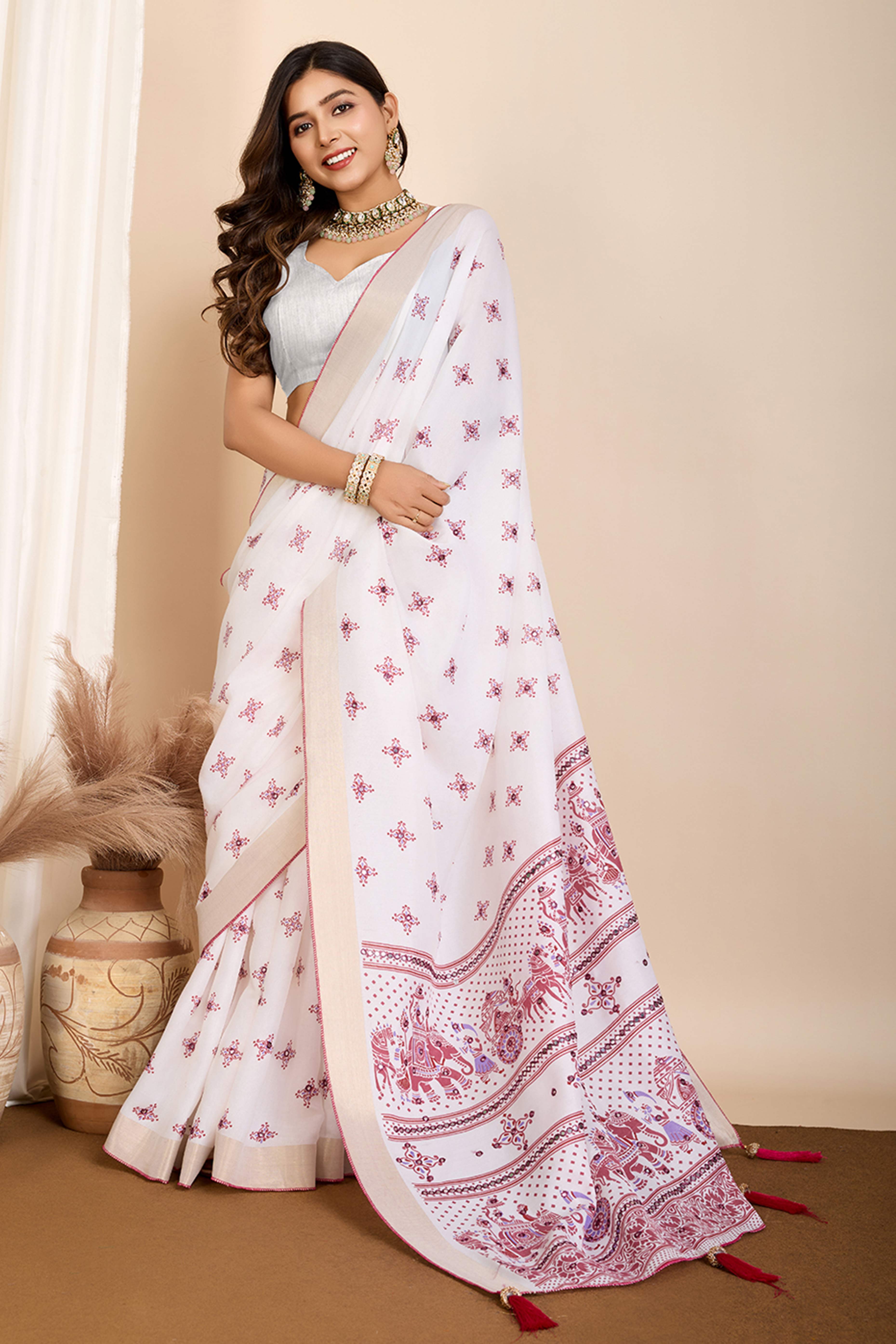 Off White Mirror Work Printed Cotton Silk Saree