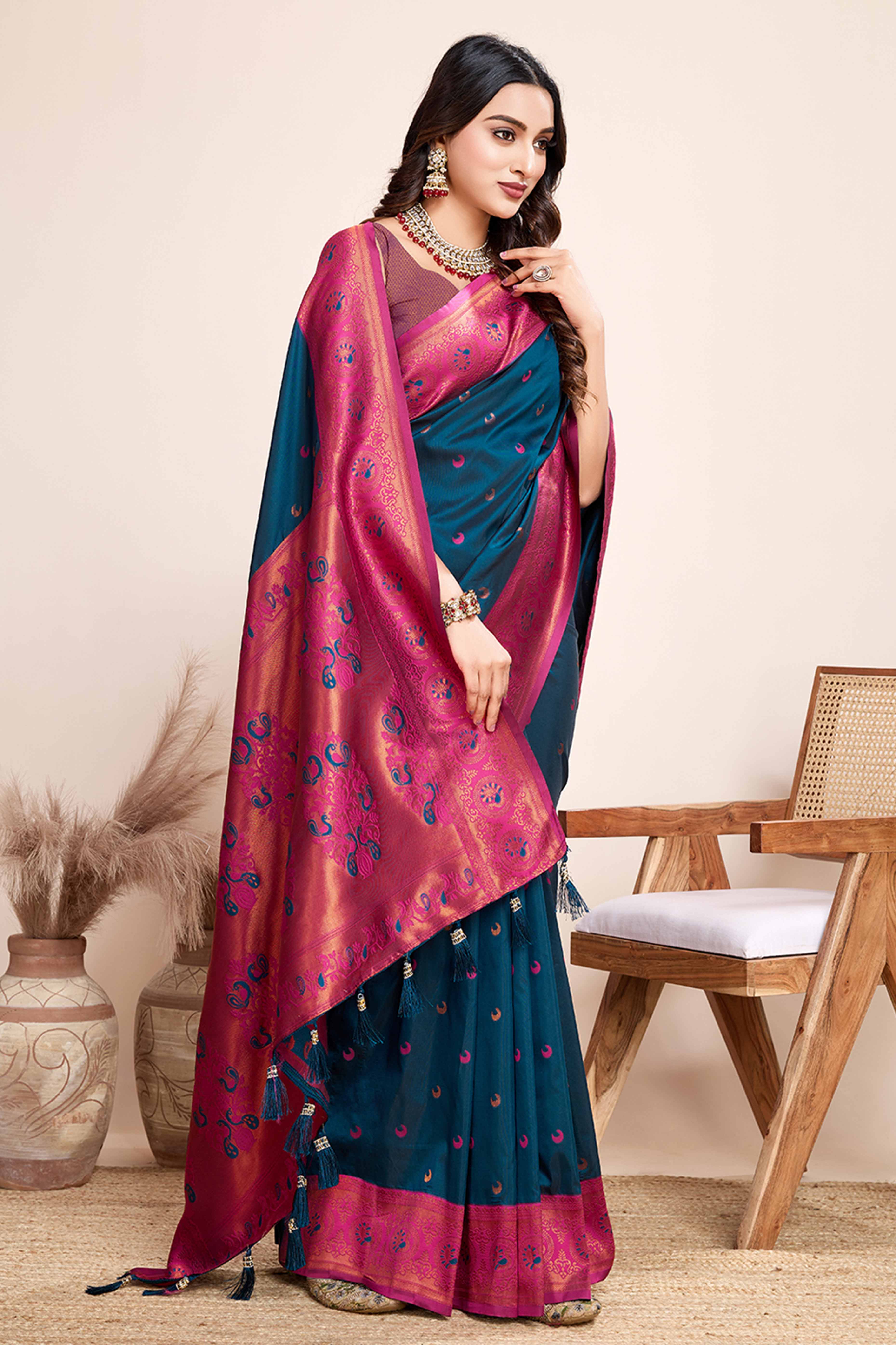 Teal Zari Weaving Banarasi Silk Saree