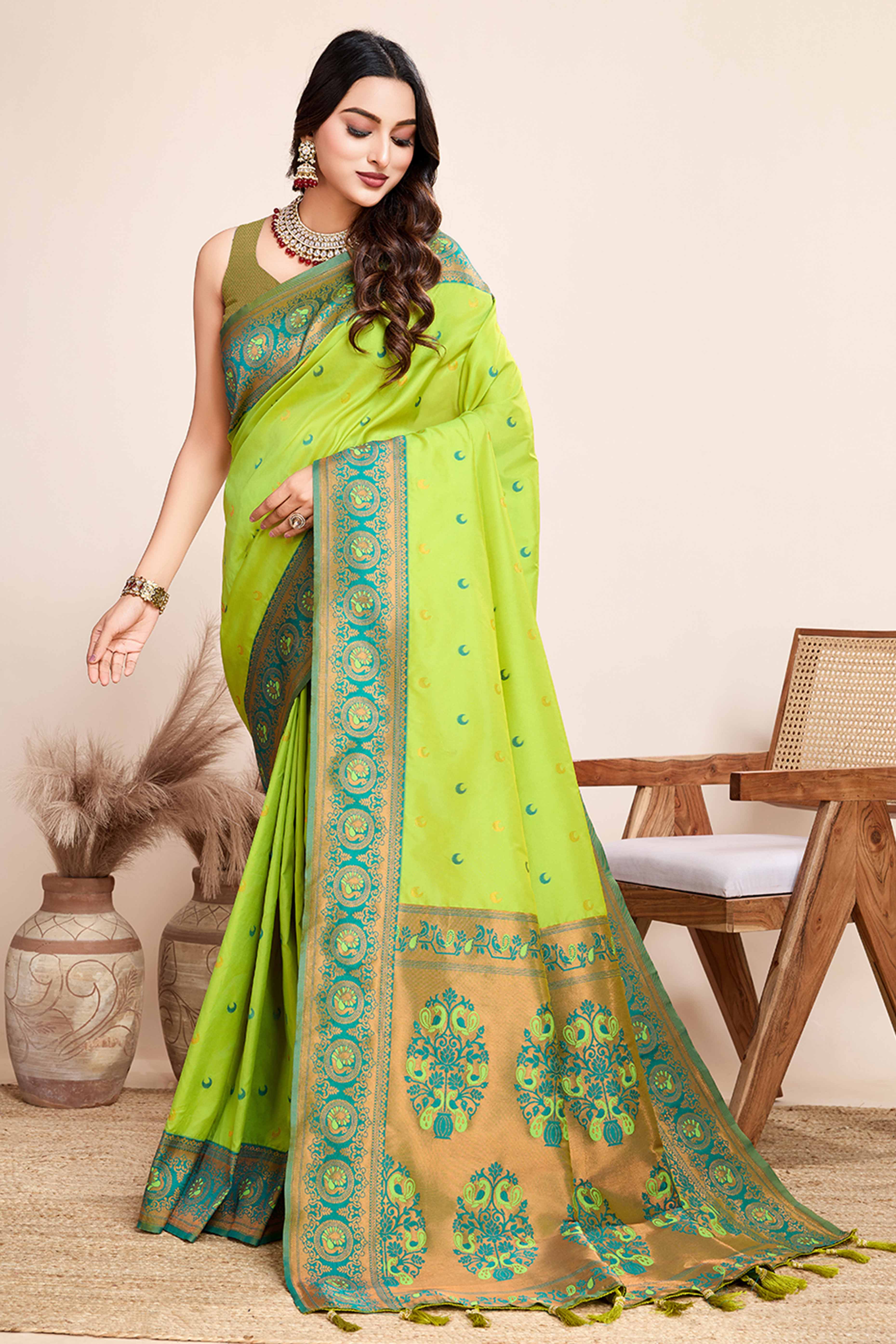 Parrot Green Zari Weaving Banarasi Silk Saree