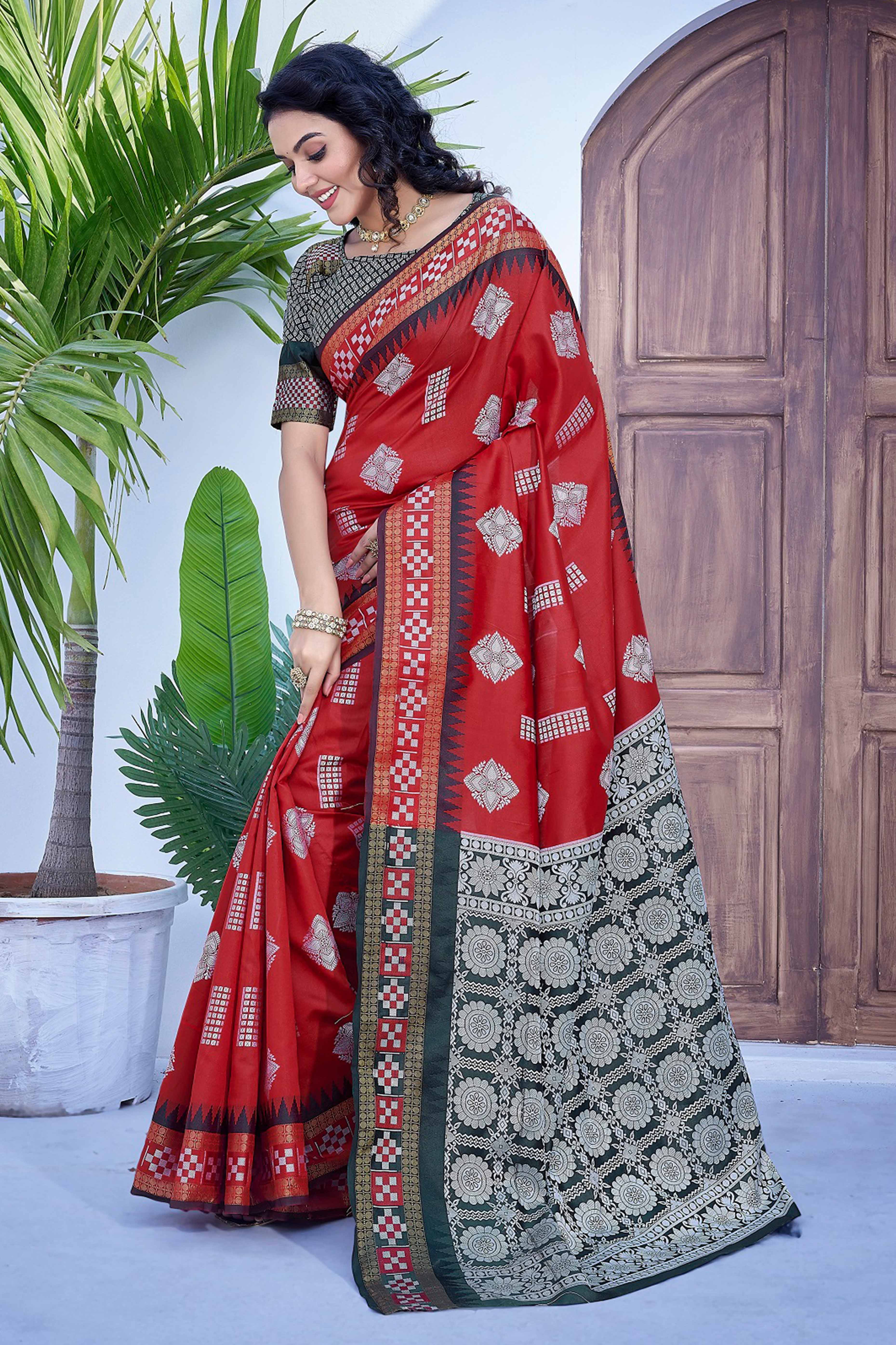 Red Zari Weaving Cotton Silk Saree