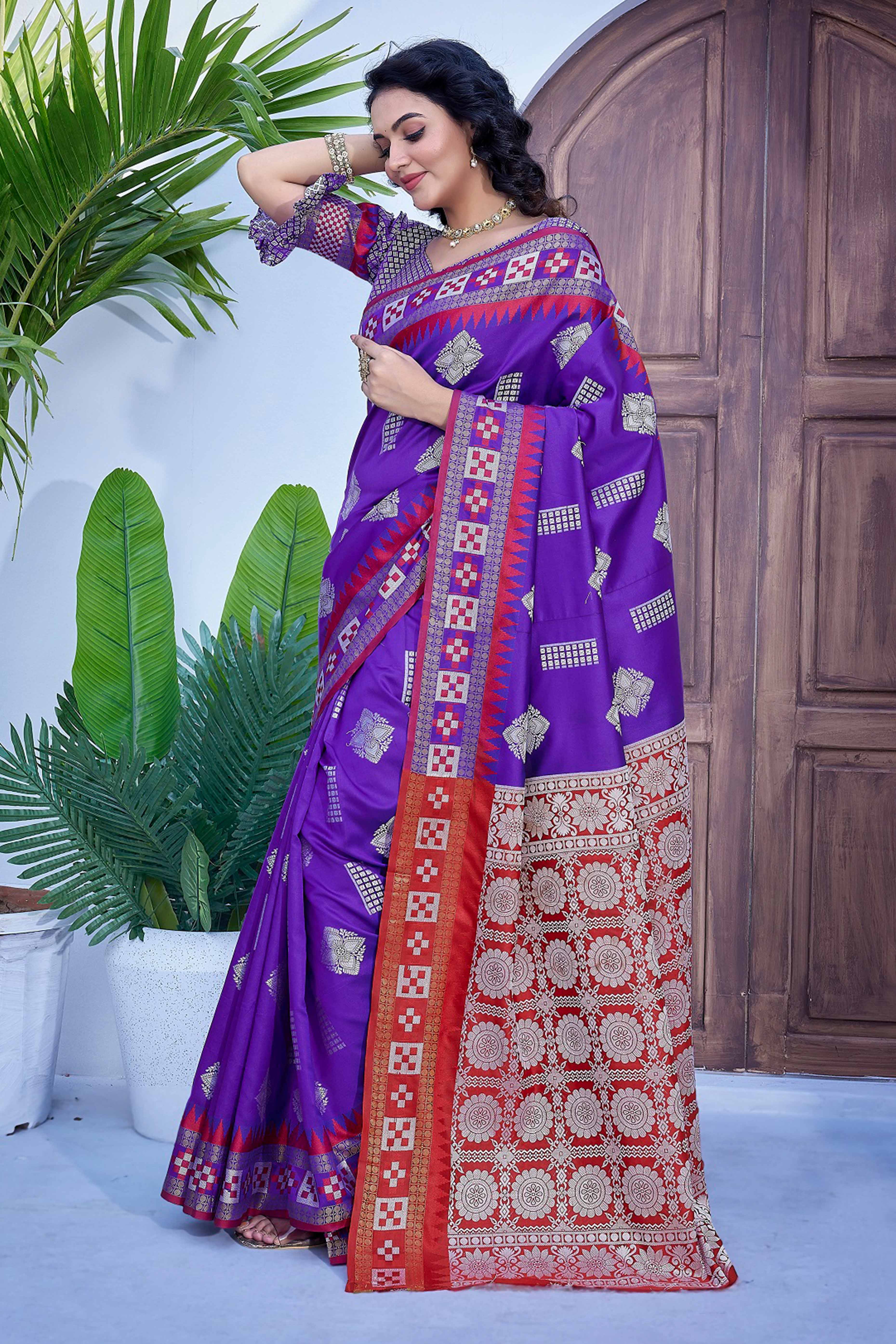 Purple Zari Weaving Cotton Silk Saree