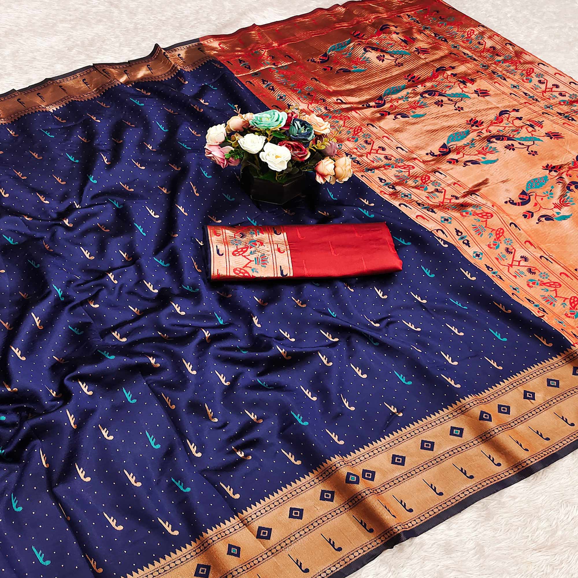 Navy Blue Woven Pure Silk Paithani Saree
