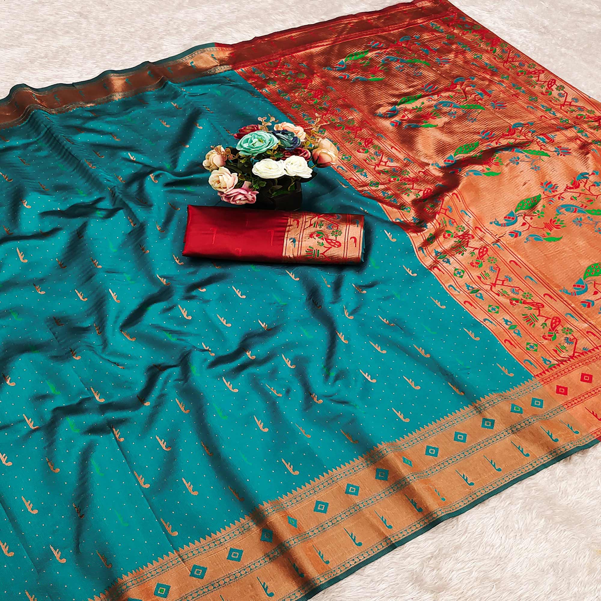 Rama Blue Woven Pure Silk Paithani Saree