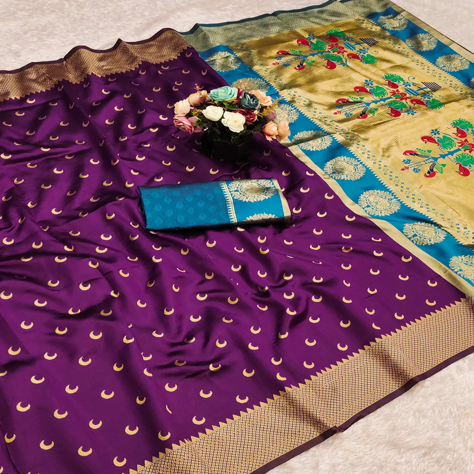 Purple Woven Pure Silk Chandrakor Paithani Saree