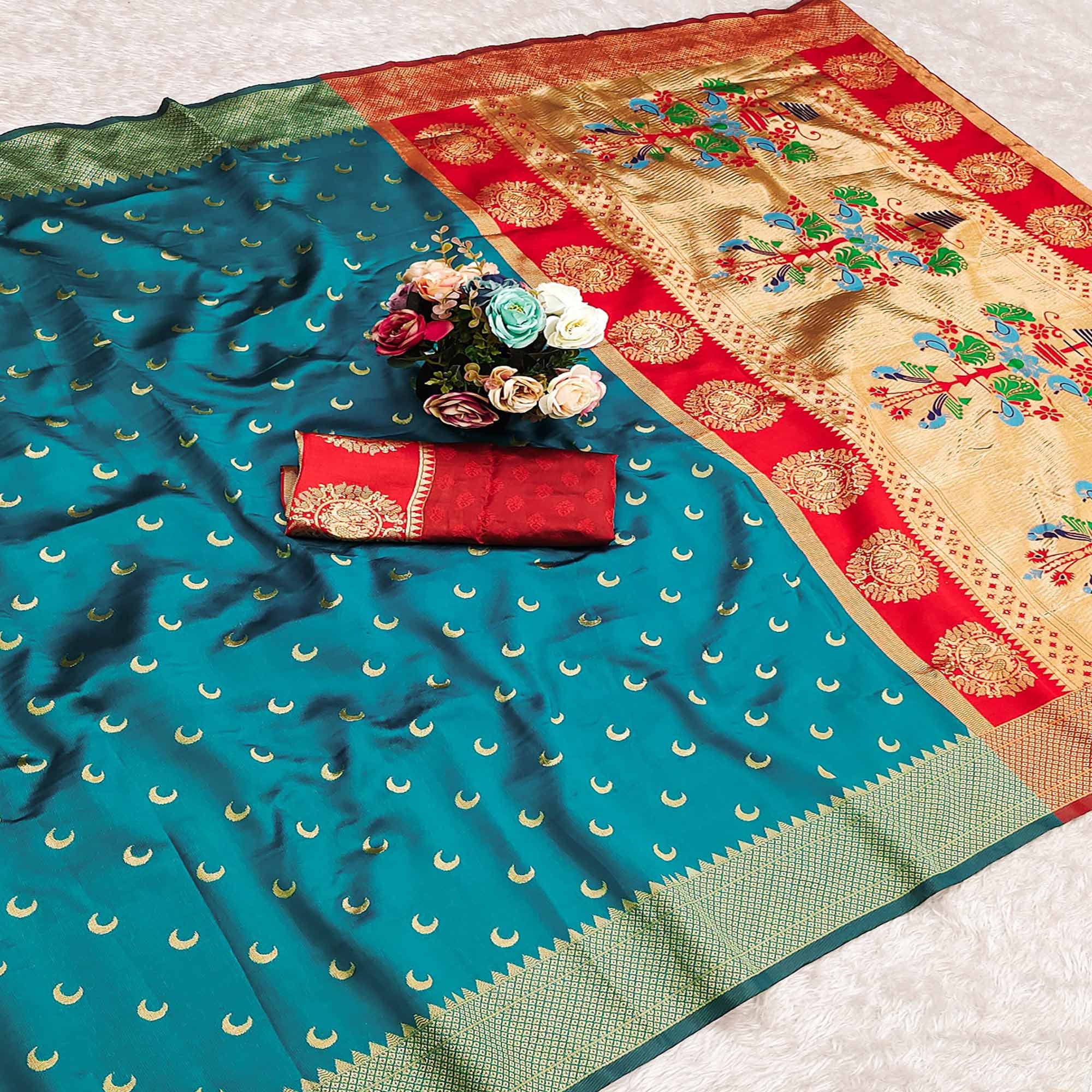 Rama Blue Woven Pure Silk Chandrakor Paithani Saree