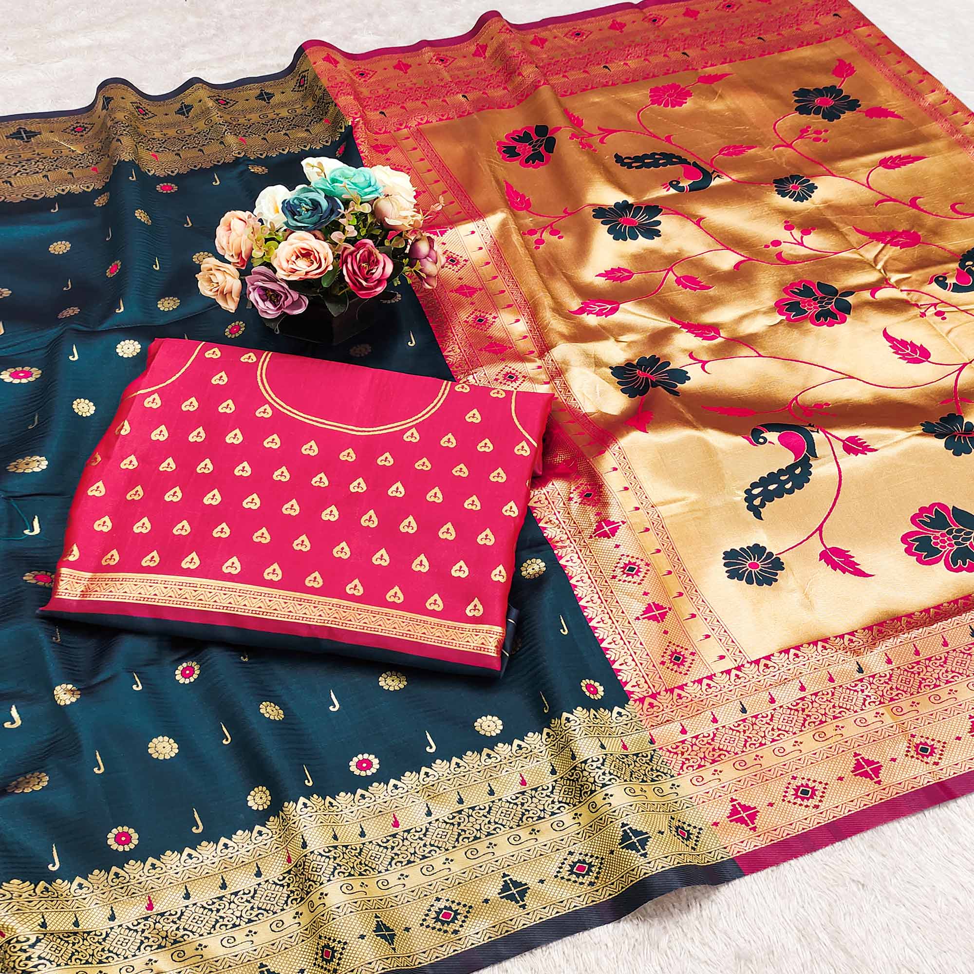 Dark Teal Blue Pure Silk Paithani Saree With Intricate Floral Zari Weaving