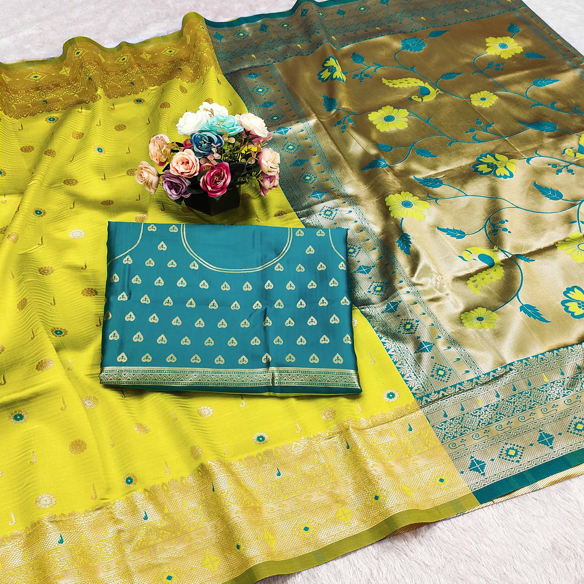 Lemon Green Pure Silk Paithani Saree With Intricate Floral Zari Weaving