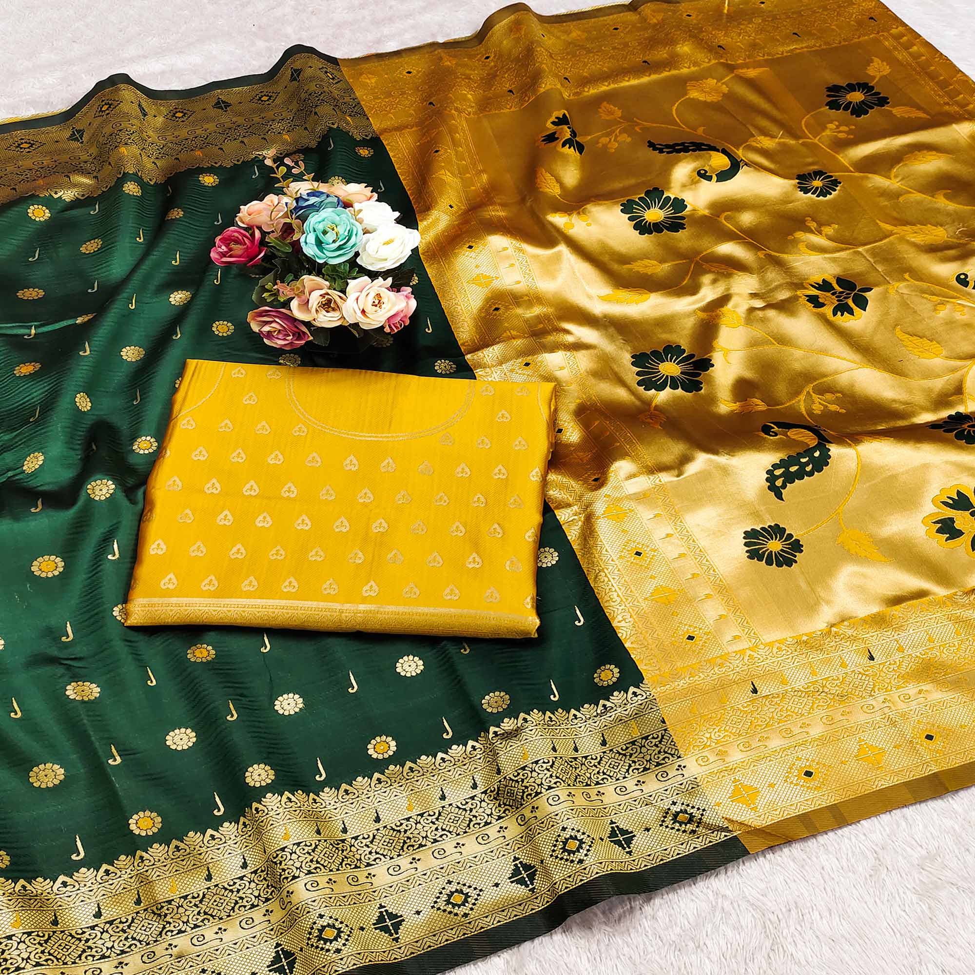 Dark Green Pure Silk Paithani Saree With Intricate Floral Zari Weaving