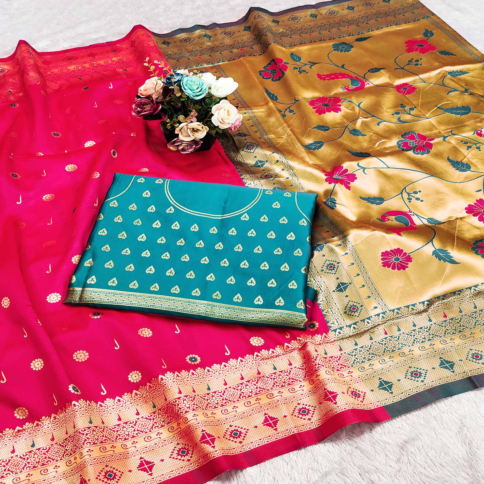 Pink Pure Silk Paithani Saree With Intricate Floral Zari Weaving
