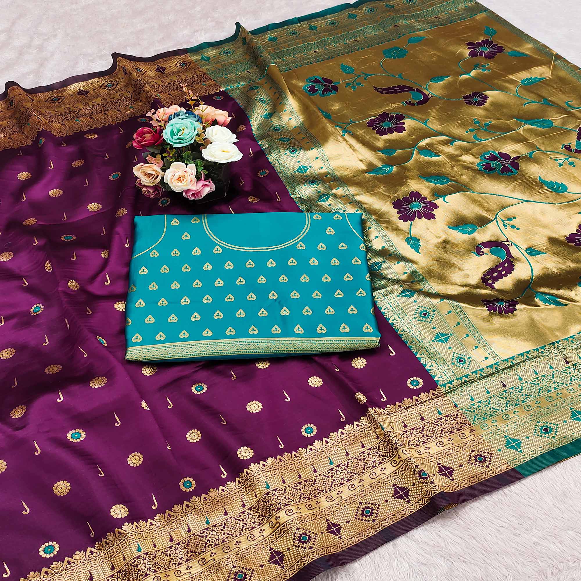 Purple Pure Silk Paithani Saree With Intricate Floral Zari Weaving