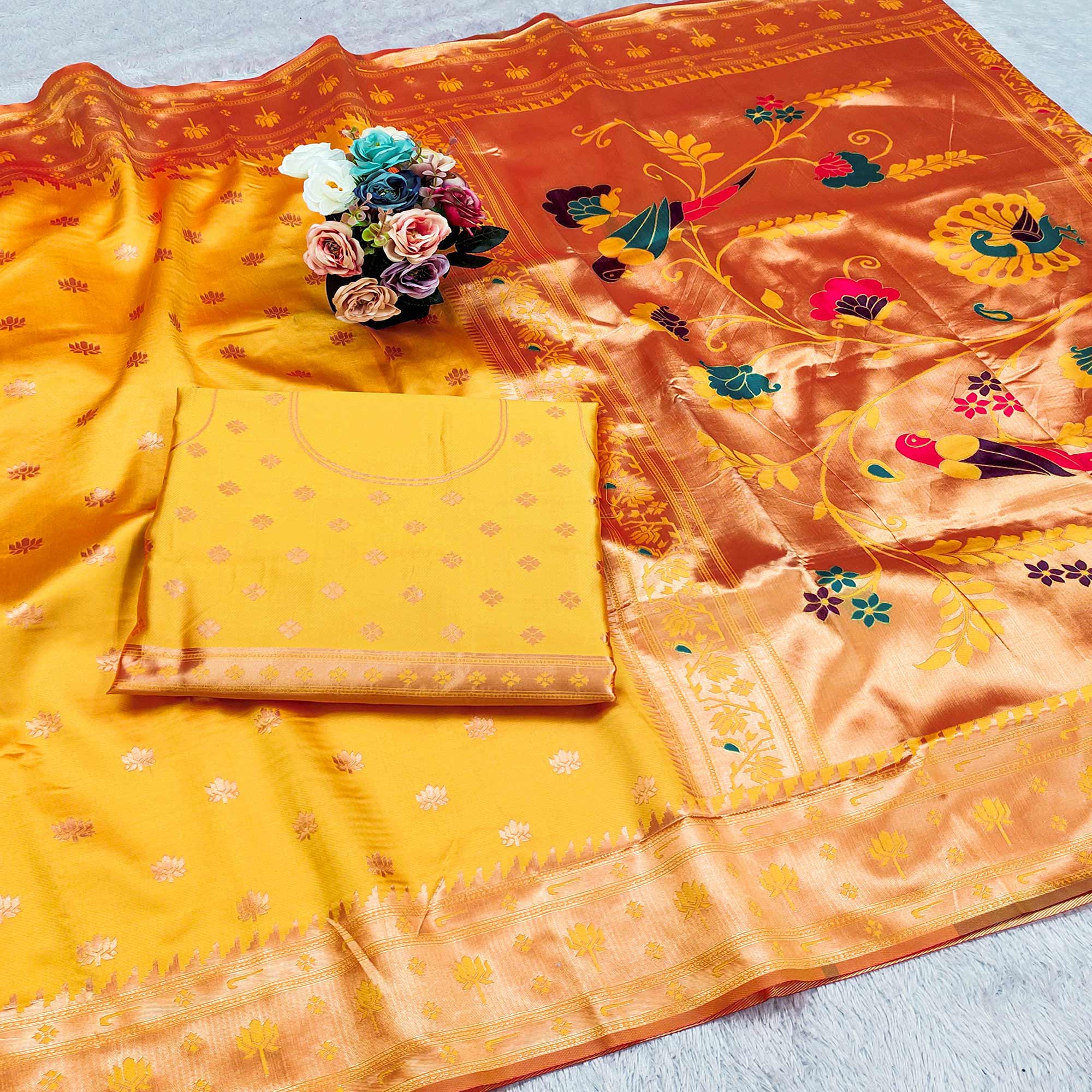 Yellow Pure Silk Paithani Saree With Elegant Floral Zari Weaving