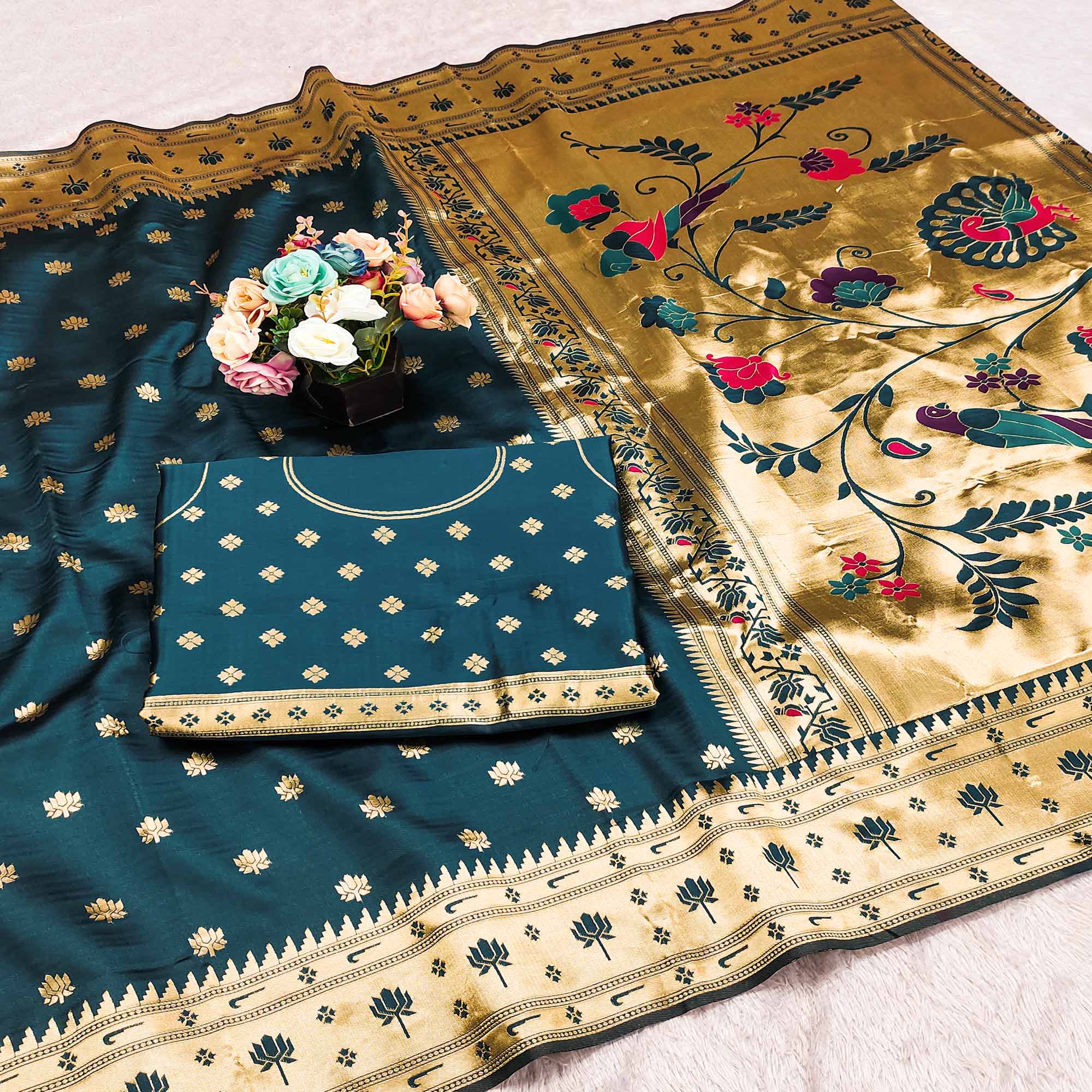Dark Teal Blue Pure Silk Paithani Saree With Elegant Floral Zari Weaving