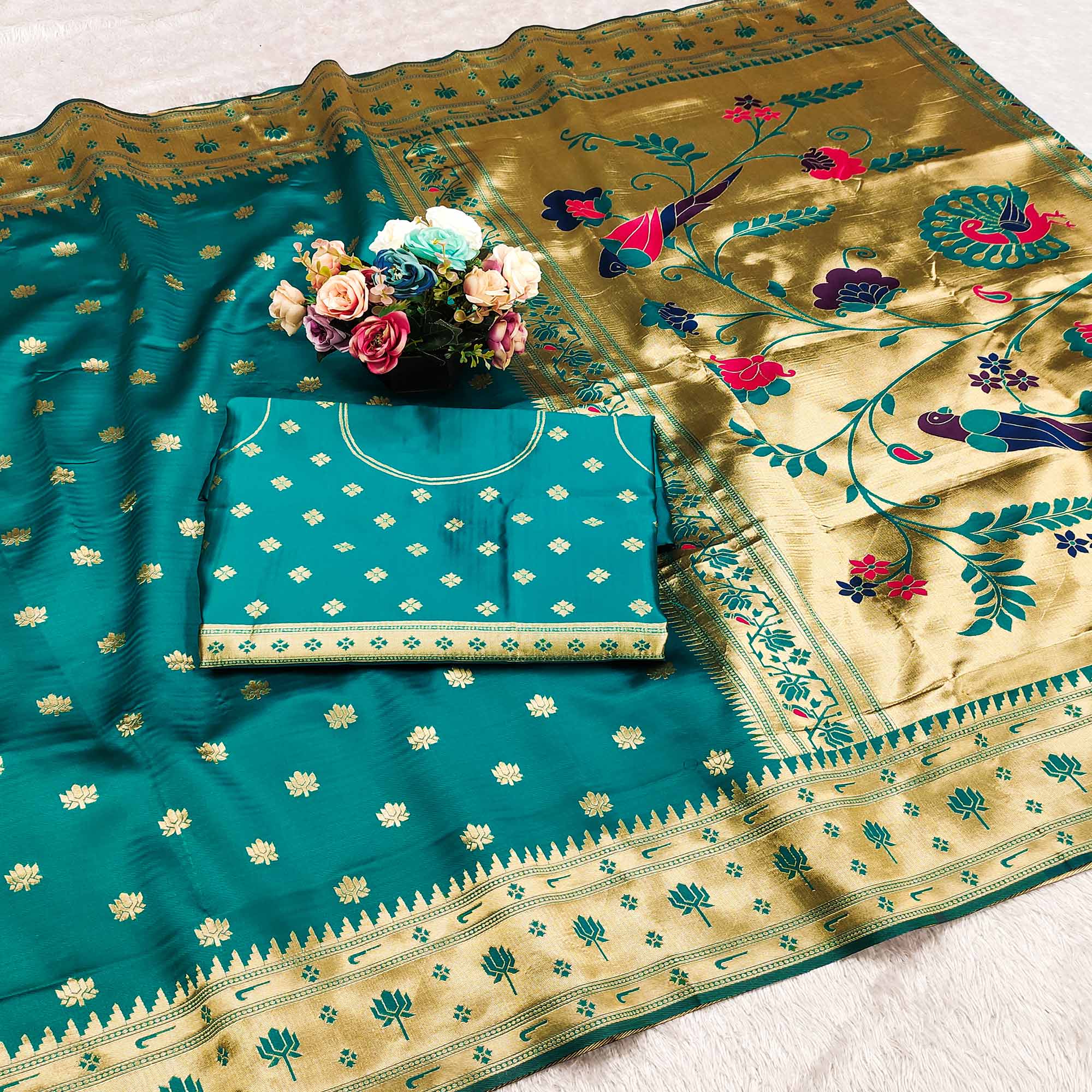 Rama Blue Pure Silk Paithani Saree With Elegant Floral Zari Weaving