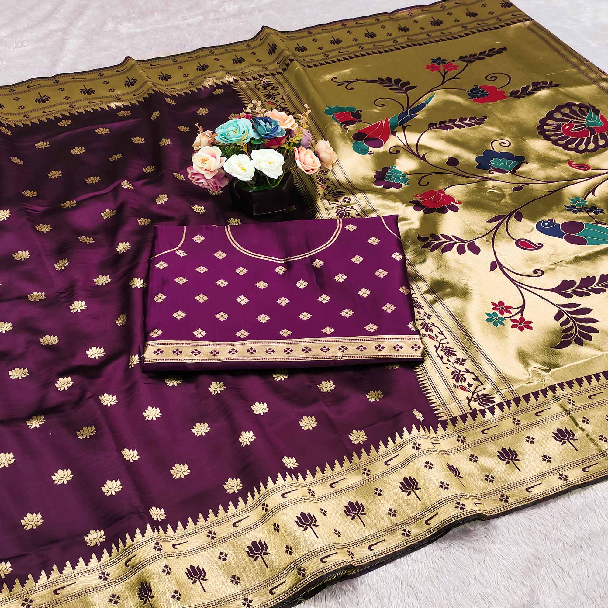 Purple Pure Silk Paithani Saree With Elegant Floral Zari Weaving